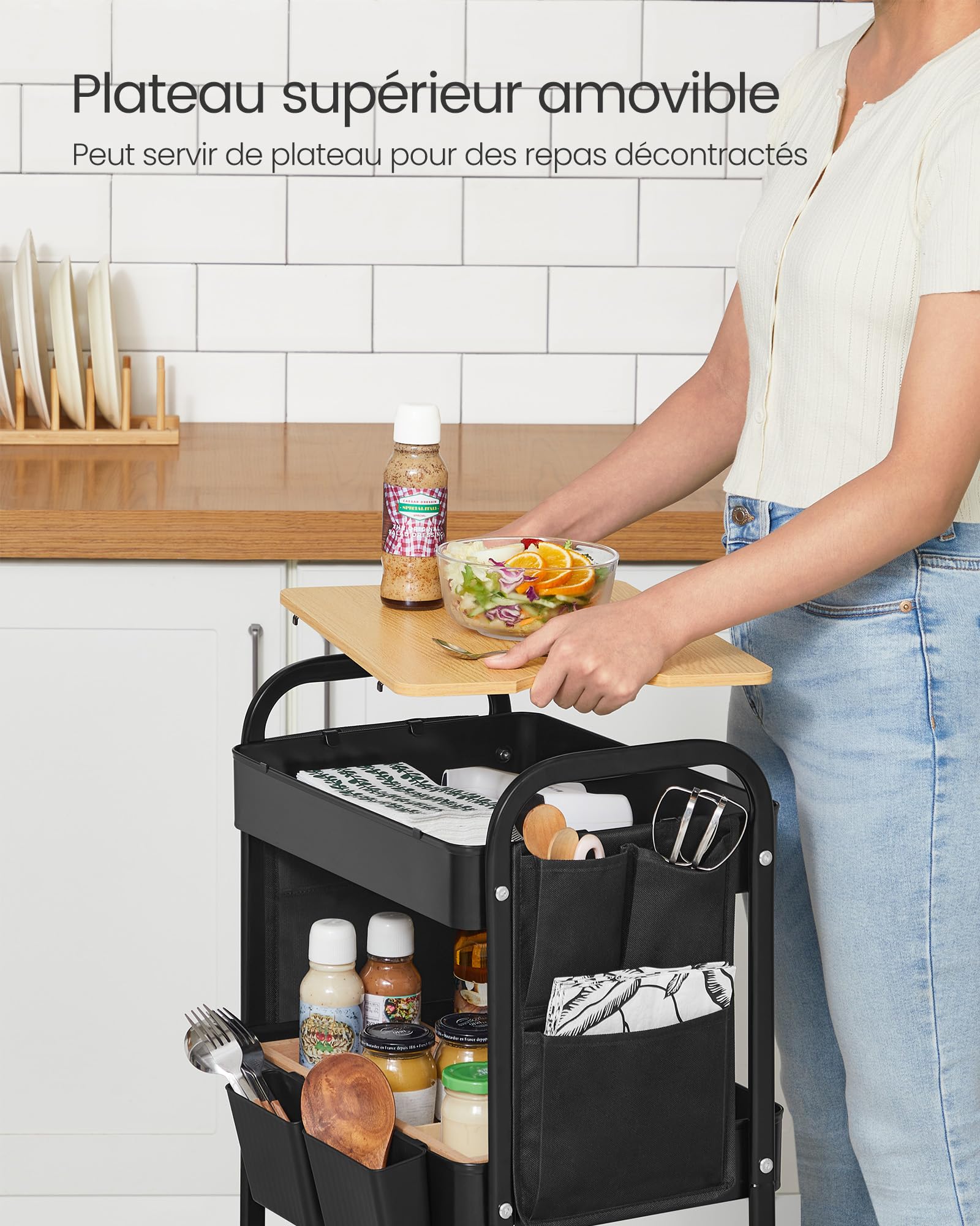 SONGMICS Chariot de Rangement à 3 Niveaux, Chariot Roulant avec Table Supérieure, 2 Pots Amovibles, 6 Poches Latérales, pour Salon, Bureau, Cuisine, Noir d’Encre LRC036B01