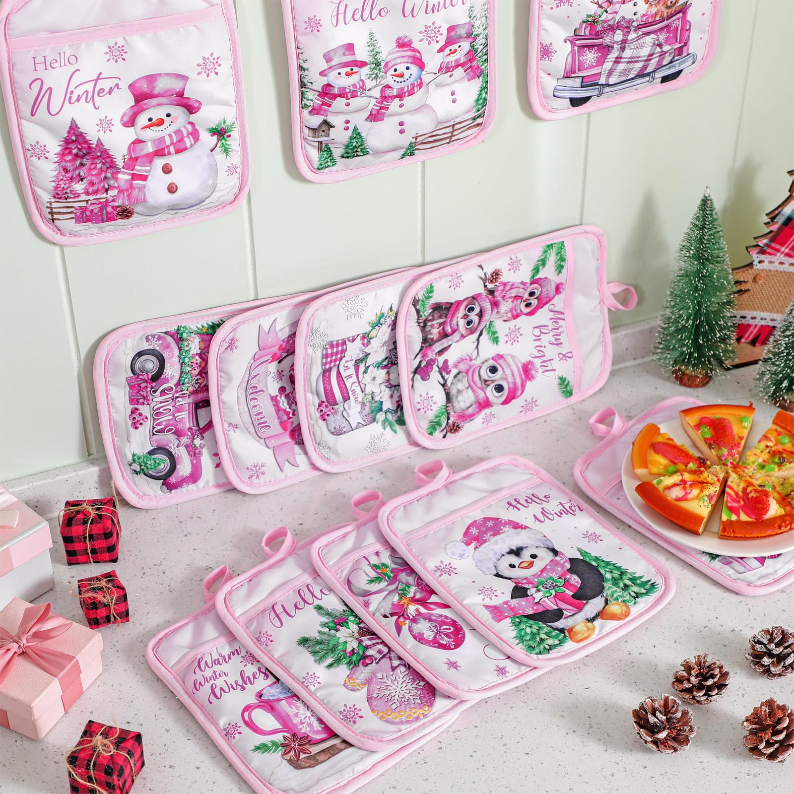 Jingmore Topflappen mit Tasche, Motiv: Hello Winter, Topflappen, Geschenk, Großpackung Schneemann, Zwerg, hitzebeständig, heiße Pads, Ofenhandschuhe, niedliche Schneeflocke, Ofenhandschuhe für