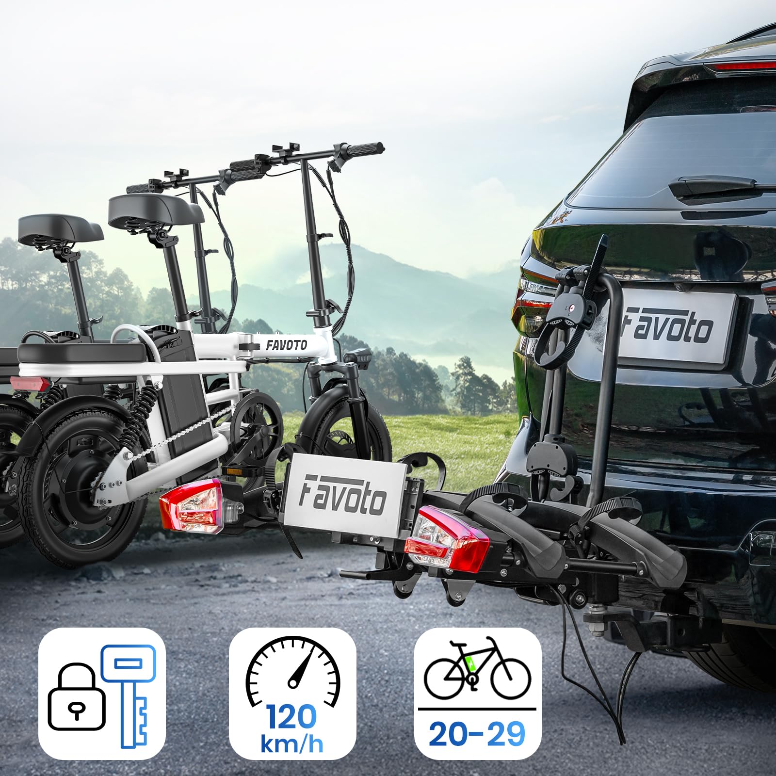 Favoto Portabicicletas E-Bike con Rampa Plegable – Soporte de Bola para 2 Bicis (60kg), Aluminio, Antirrobo, Luces 13 Pines y Soporte Matrícula