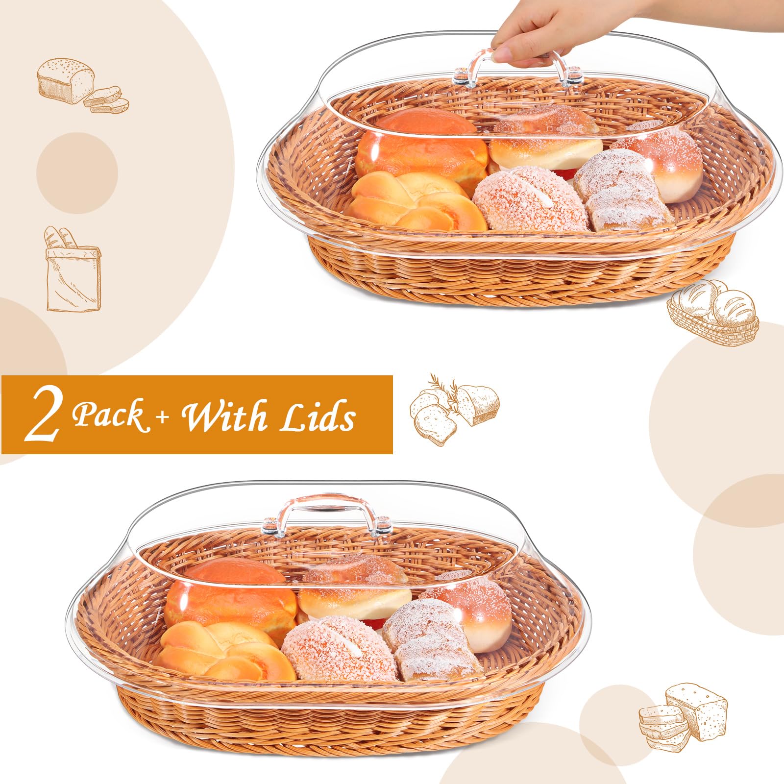 Hushee Juego de 2 cestas de pan de ratán de imitación con tapa, cestas de pan de mimbre para servir cesta de frutas tejida con cubierta, cestas ovaladas para alimentos para verduras, restaurantes
