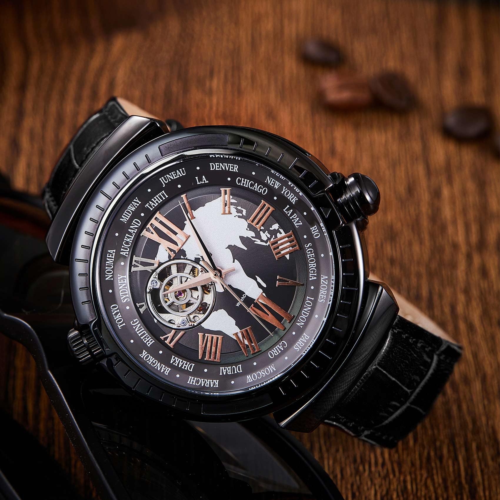 automatik Uhr Herren,Lederarmband 30-100 Meter wasserdicht mechanische Uhr,Vielseitig Mehrfarbig 44-51mm,Geschenk für Herren Uhren automatikuhren,Schwarz | Lederarmband, wasserabweisend, Weltzeit-Zifferblatt, selbstaufziehend, Skelett-Uhren für Herren (ke