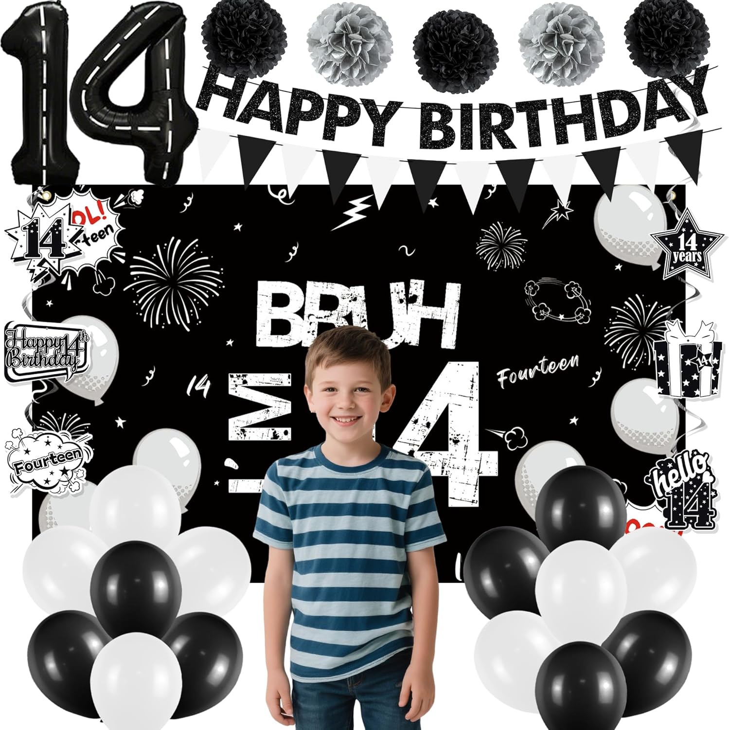 Holkcog Black 14th Birthday Decorations, Happy 14th Birthday Party Decorations Supplies for Boy Girl, Bro I'm 14, Funny 14th Party Supply, Black Glitter Banner, Background, 14 Number Ballons, Fourteen