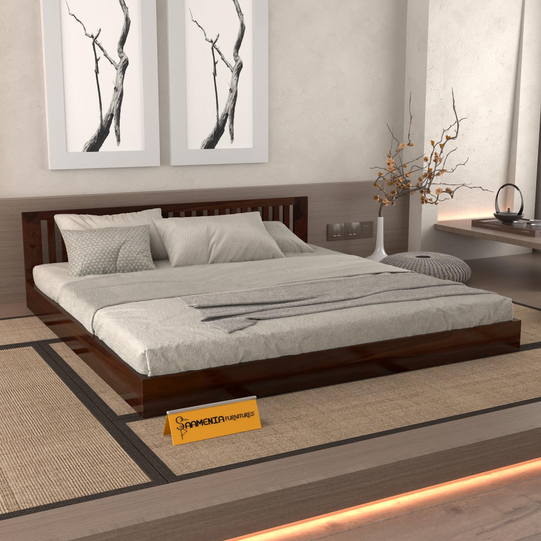 Divine Living Solid Sheesham Wood King Size Platform Bed Without Storage for Bedroom | King Size Wooden Double Bed with Vertical Slatted Headboard & Low Footboard | Solid Wood Bed Frame(Walnut Finish)-image-28