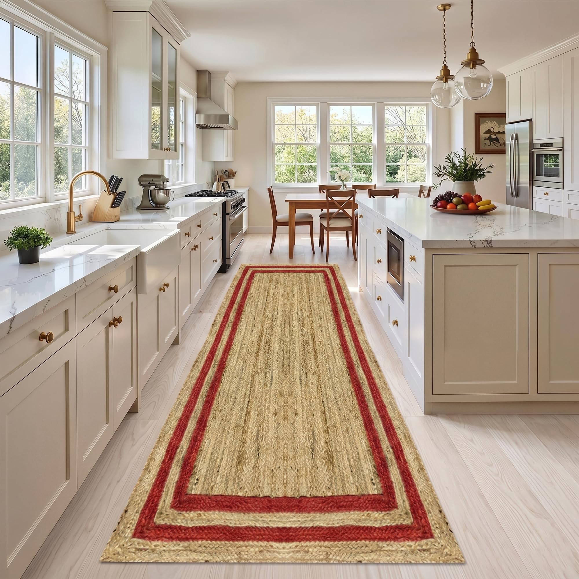 Tapis de couloir en jute naturelle rustique fait main avec bordure rouge