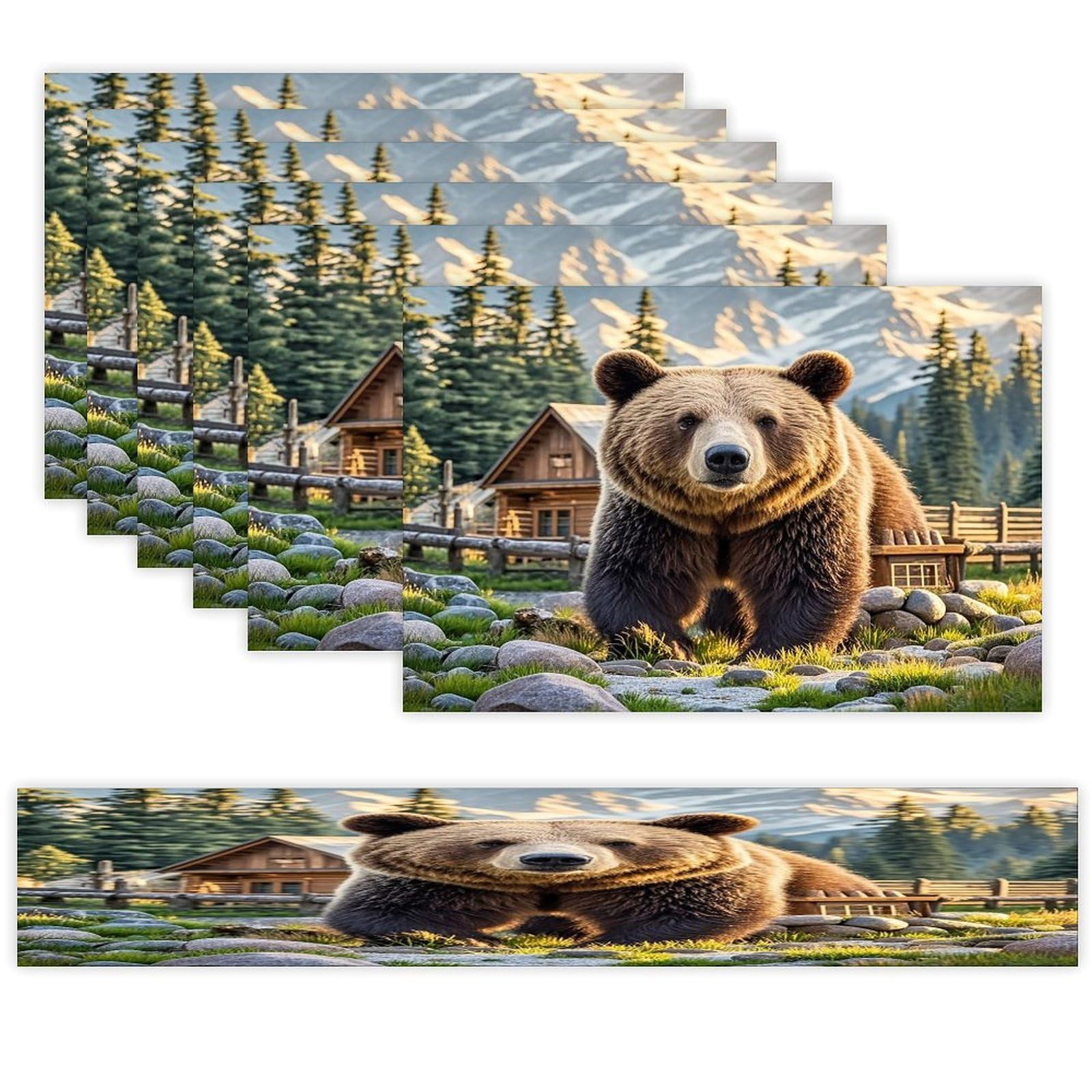 Rustic Lodge Bear Table Runner and Placemats Set of 6 Heat Resistant Table Runner Place Mats Modern Cloth Table Mat Washable Linen Placemat Festive Reusable Set