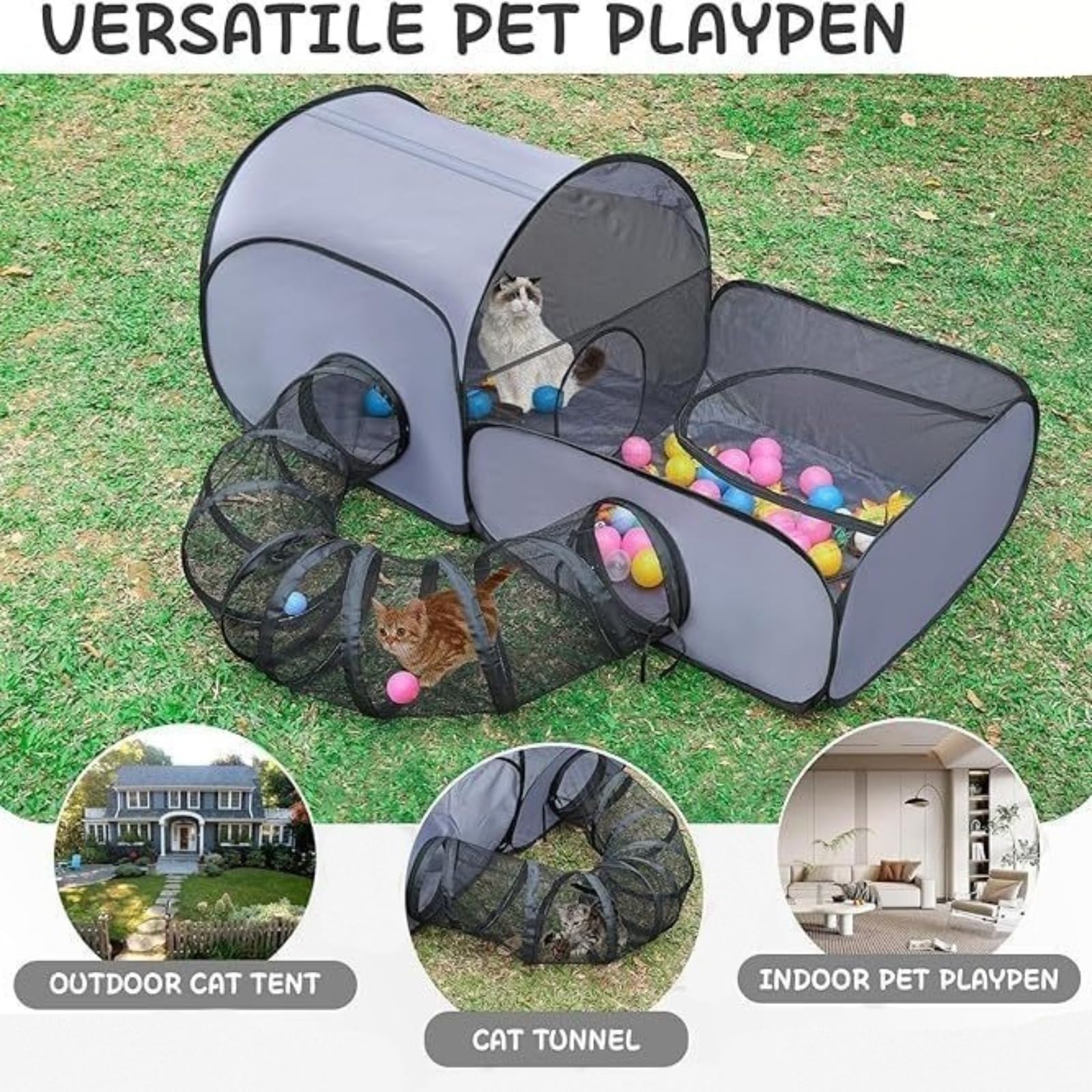 Recinto per gatti all'aperto pieghevole con tunnel, grande parco per gatti portatile con borsa per il trasporto, tenda per gatti in rete traspirante, area giochi sicura per giardino, balcone, casa e