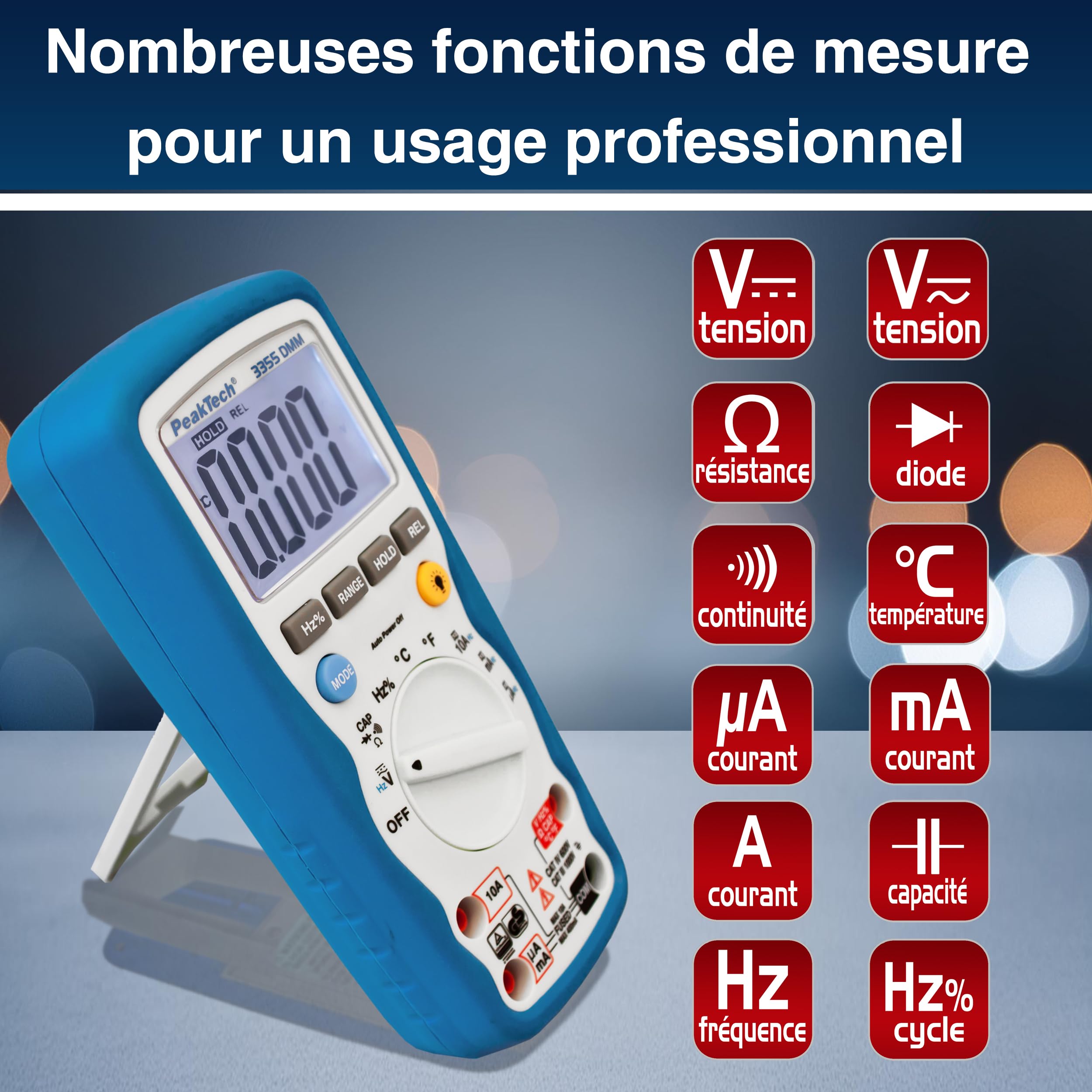 PeakTech 3355 Multimètre Numérique, étanche (IP67), écran LCD, 4000 points, Plage Automatique, Conservation des Données REL, Voltmètre, Testeur de Continuité, Appareil de Mesure - CAT III 1000 V