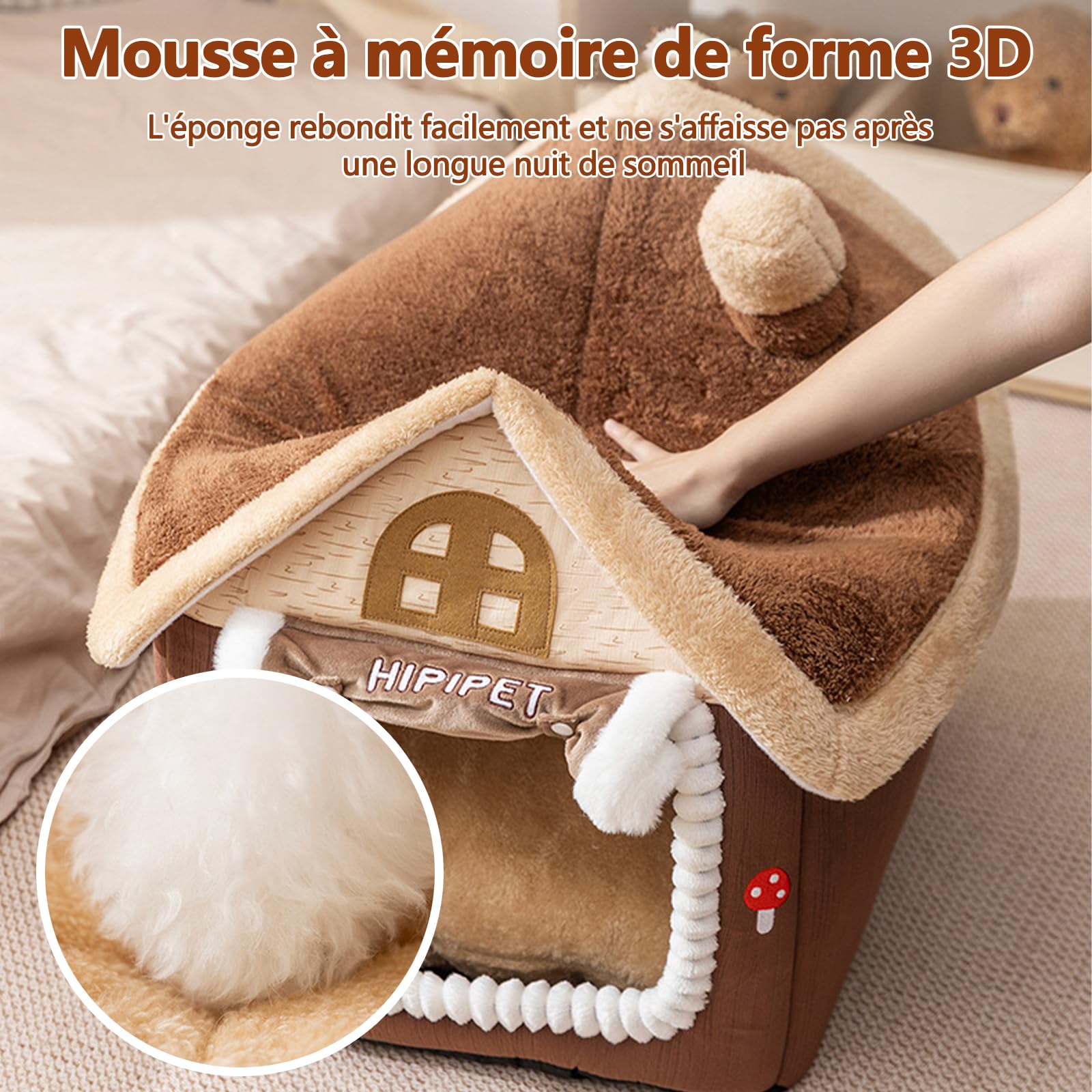 Galatée Maison pour Chat, Niche pour Chat Mignonne avec Cheminée, Niche Douce Et Confortable pour Animaux De Compagnie, Abri Chaud pour Chats, Tente pour Chien avec Coussin Amovible(L, Marron)