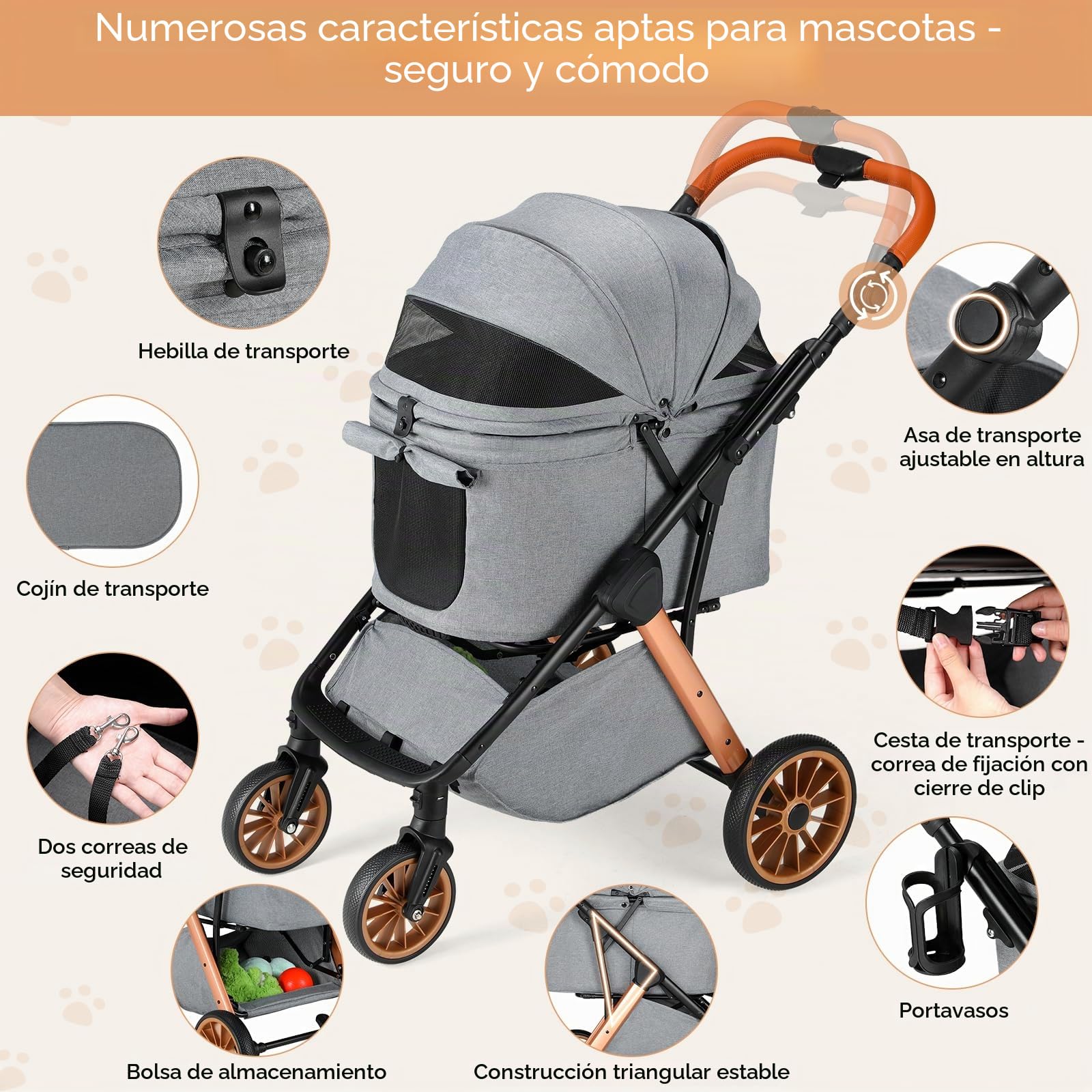 MAMIZO One-Touch Carro para Perros, Cochecito Plegable, hasta 25 kg, Estructura de aluminio y acero al carbono, Asa ajustable en altura, Portavasos, 4 PCS ruedas, para perros y gatos (Gris oscuro)