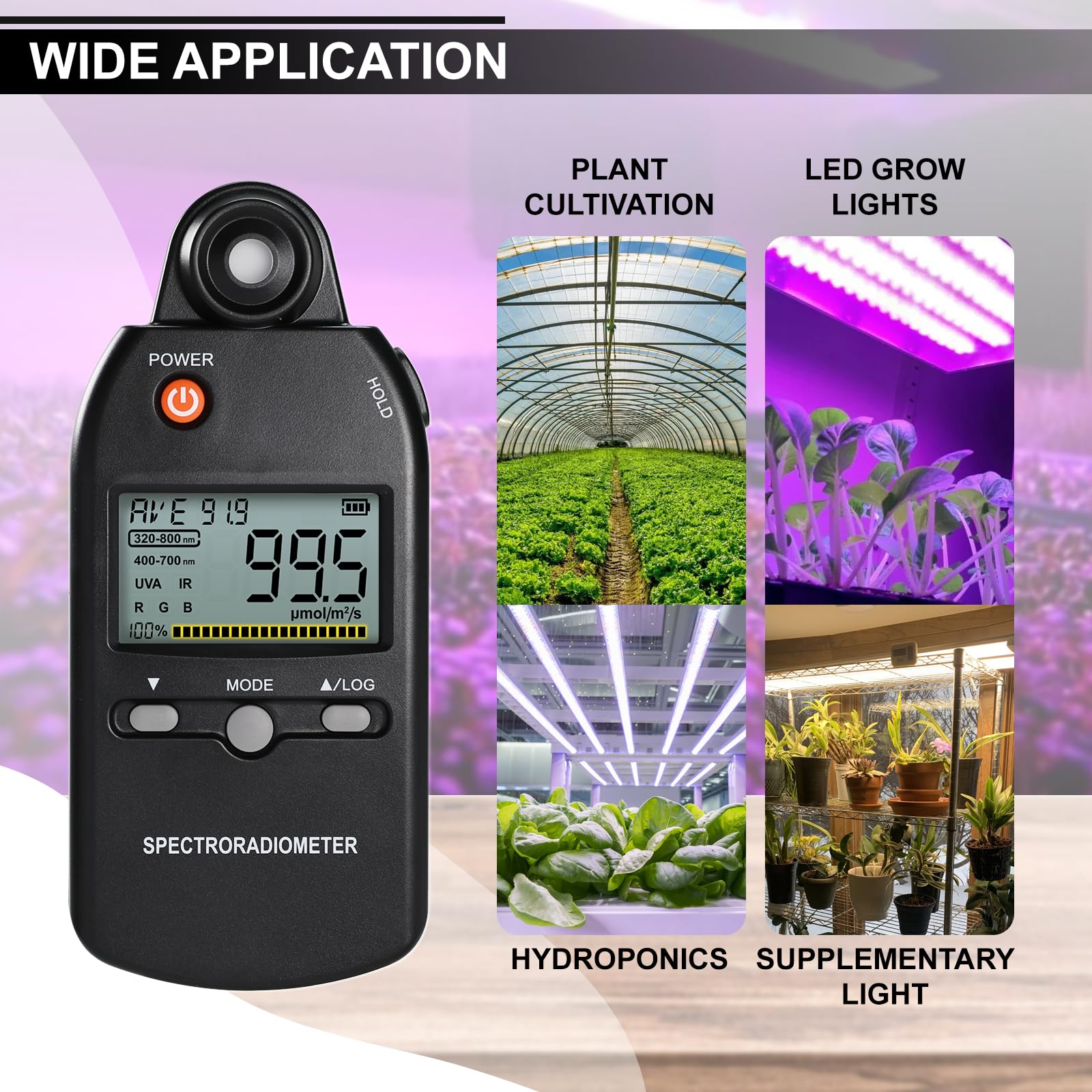 PAR Mètre 320-800 nm, Mesure PPFD Capteur de Lumière pour Plantes Mesurant PPFD, UVA et IR Pour LED de Croissance Affichage RGB, Mémoire de Données, Modes HOLD/MAX/MIN/AVG