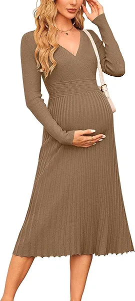 OUGES Women's Fall Maternity Midi Dress Long Sleeve Wrap V Neck Pleated Casual Sweater Dresses Trendy Outfits 2025