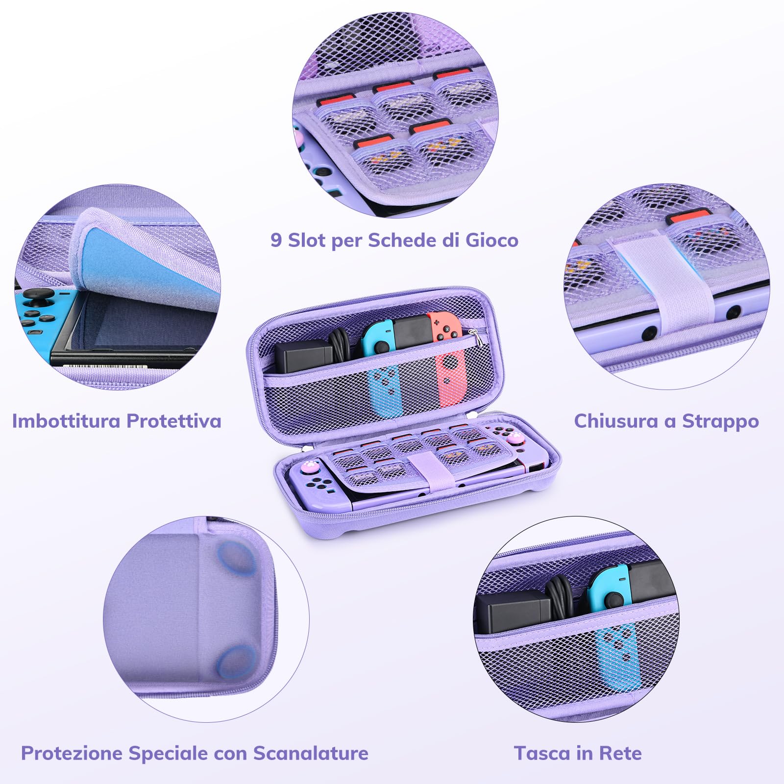 Younik 14 in 1 Bundle di Accessori per Switch, Custodia Grande per Switch 2017, Custodia da Viaggio per Switch Adatta alla Console, Impugnatura J-con, Adattatore AC (Viola, Motivo a Bottoni) - 5