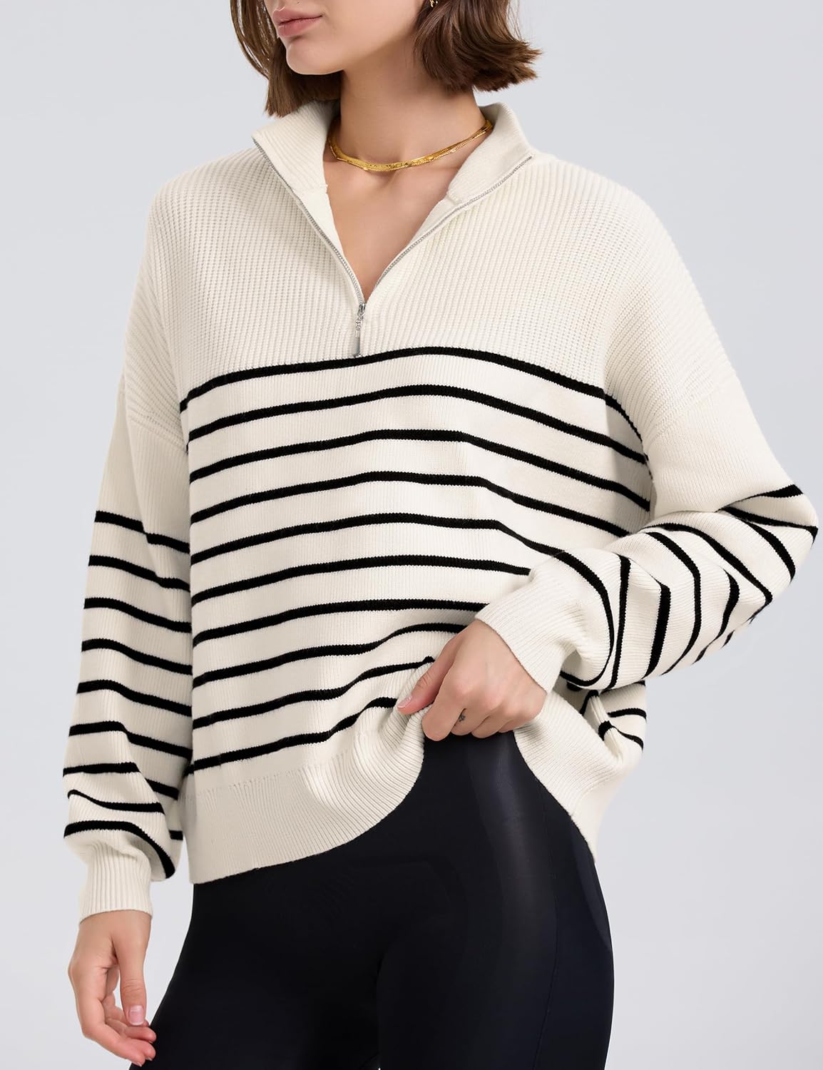 PrettyGuide Women's Long Sleeve Quarter Zip Oversized Pullover Striped Sweater Casual Mock Neck Loose Ribbed Knit Tops - Image 7