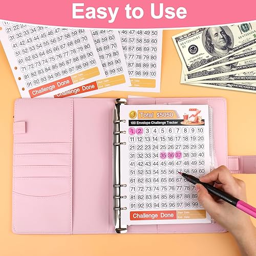 Miniatura 2 de AIERSA 20 hojas de 100 sobres de ahorro de dinero para carpetas A5 de 6 anillas, tarjetas de seguimiento de desafíos de ahorro con película para