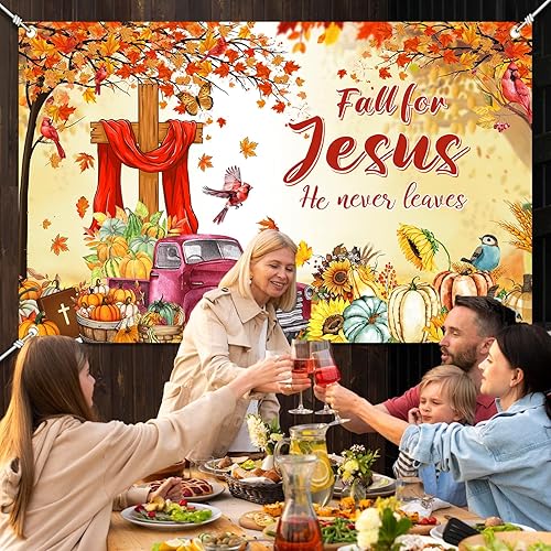Miniatura 3 de YE SU - Fondo de fotografía con texto en inglés "Fall for Jesus", "Jesús Él Never Leave", fondo de fotografía de otoño, calabaza, hojas de arce,