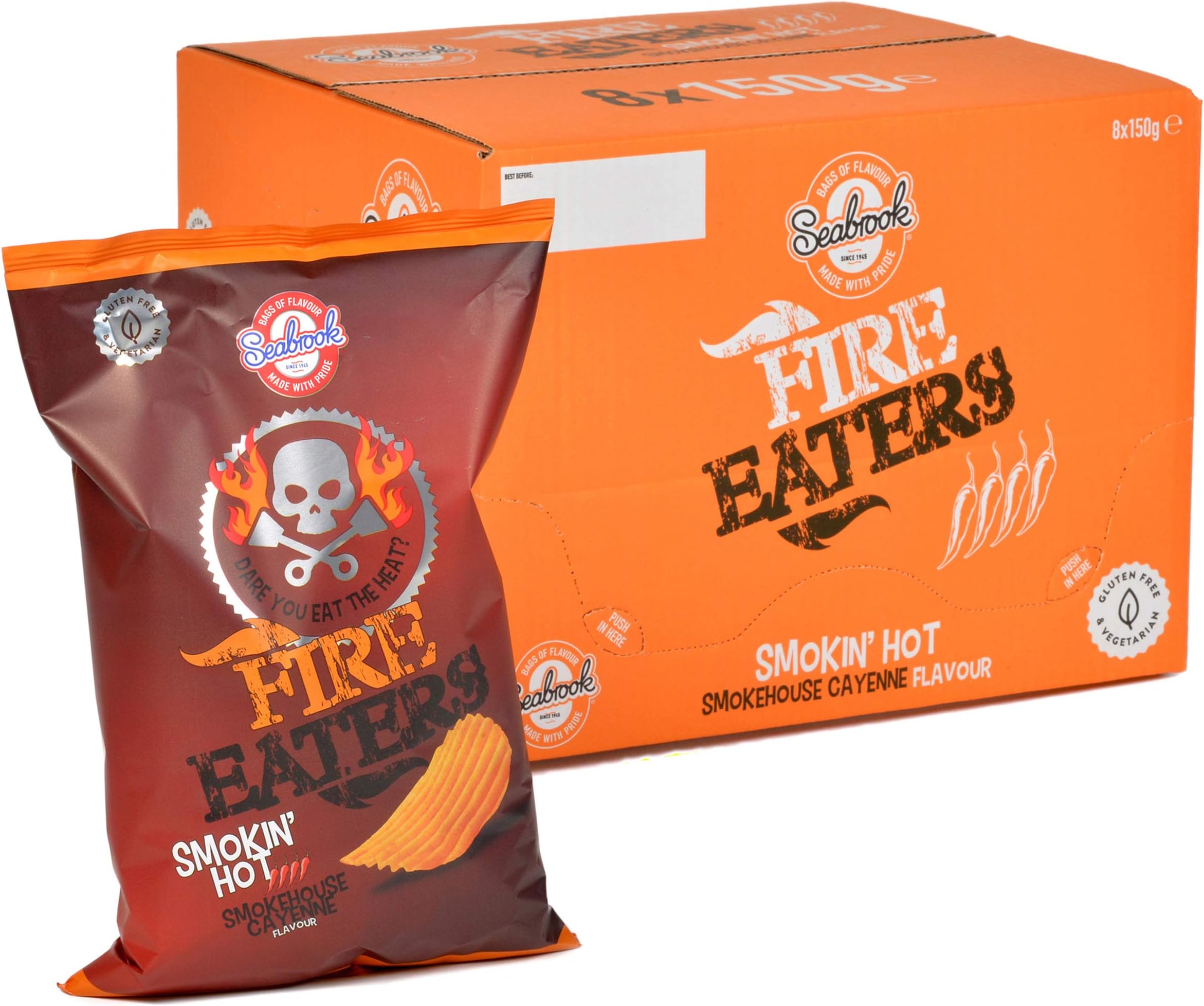 Seabrook Fire Eaters Smokin' Hot Smokehouse Cayenne Flavour Box of 8 Sharing Size Bags