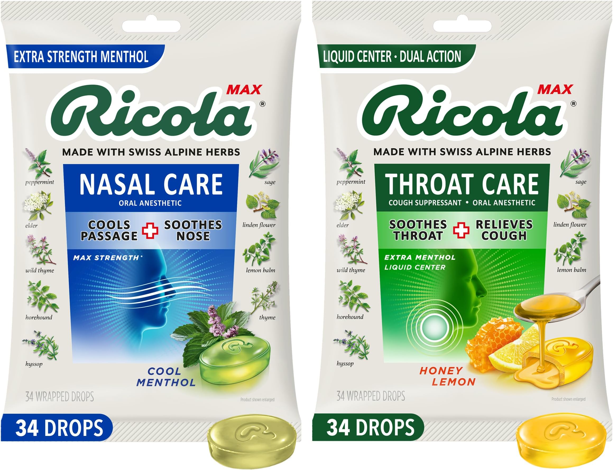 Ricola Max Cool Menthol Nasal Care 34 Count Max Honey Lemon Throat Care 34 Count Cough Suppressant Drops Bundles