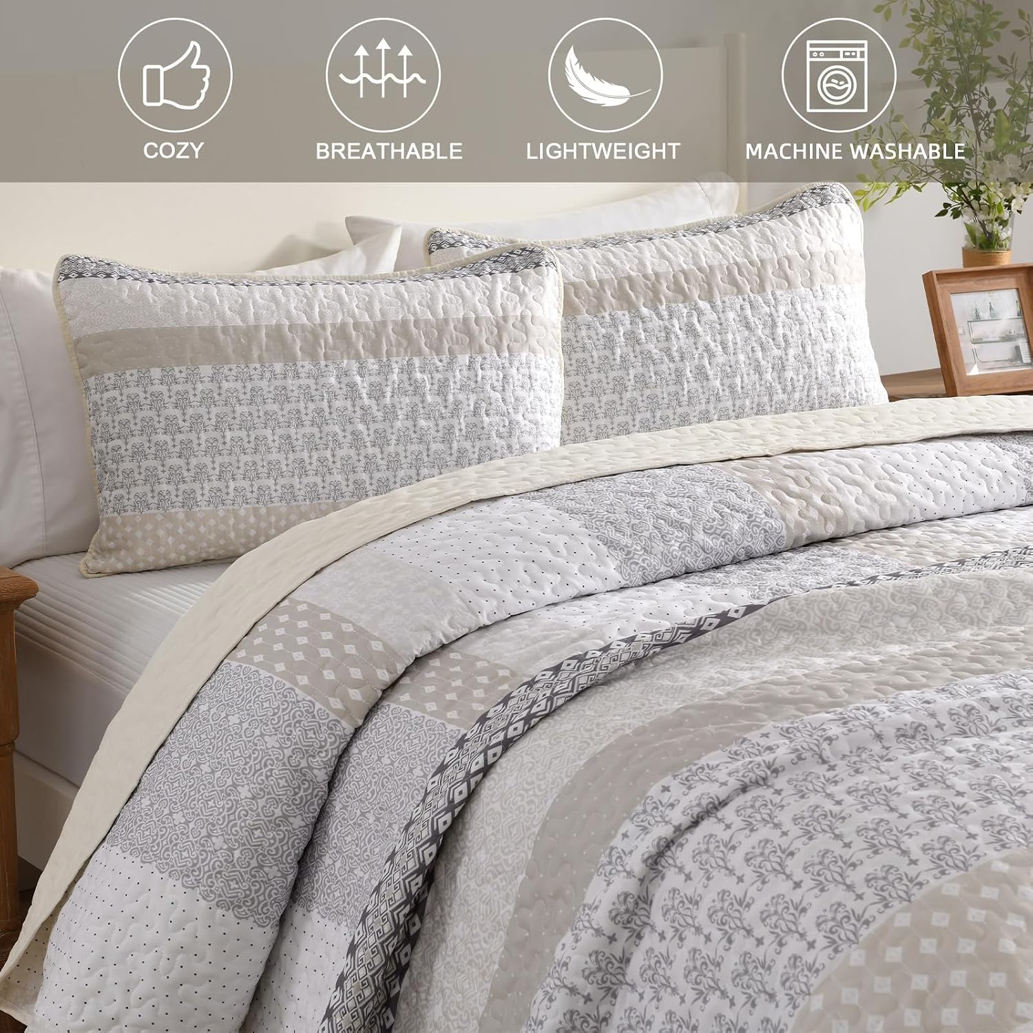 WONGS BEDDING Beige Quilt Full Size, Bohemian Stripe Quilt Sets 3 Pieces Beige Boho Quilted Bedspread Set Lightweight Microfiber Coverlet Bedding Set All Season (78"x90")