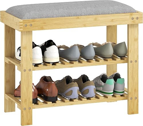 HOMCOM Banco Zapatero de Bambú con Asiento 60x29x49 cm Natural y Gris | Zapatero, Asiento Acolchado, 2 Estantes, para 6 Pares de Zapatos, para Entrada Dormitorio