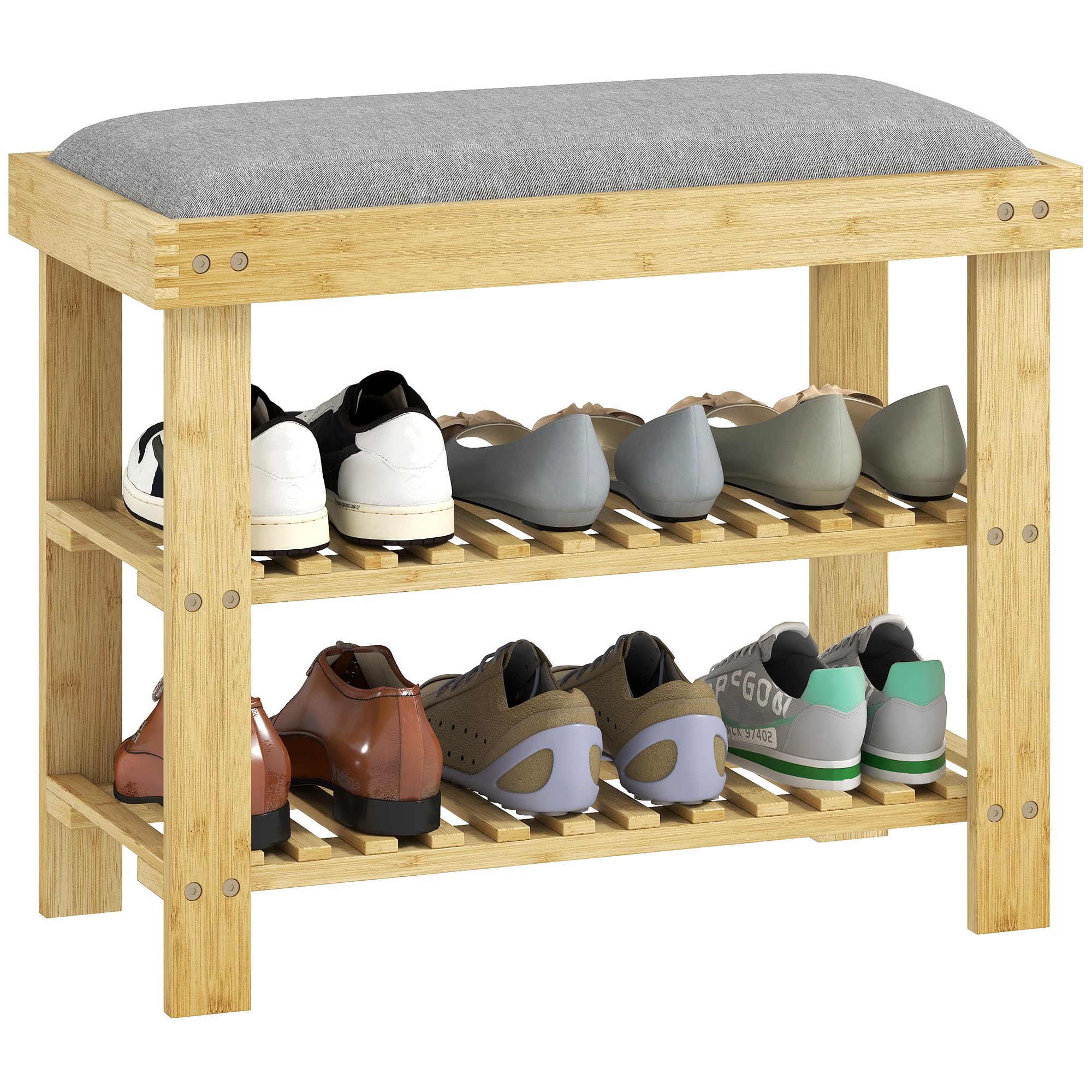 HOMCOM Schuhbank Mit Sitzflche Bambus - Schuhregal Mit Stauraum  102x33x45cm, Gepolsterte Sitzbank Naturholz Fr Flur & Eingang Schuhbank  Mit 3 Fchern