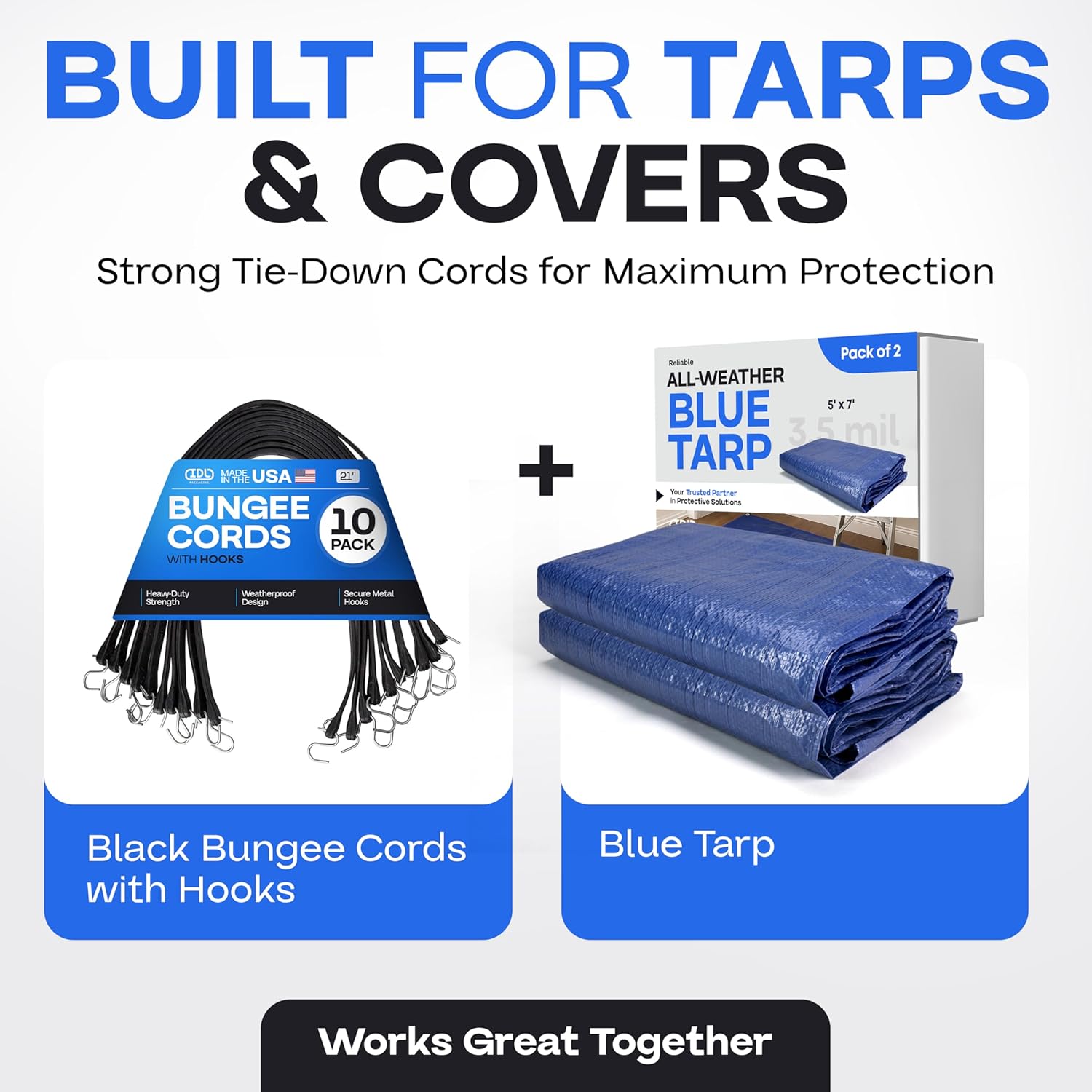 21-inch Bungee Cords with Hooks, 10-Pack - USA-Made 100% EPDM Tarp Straps with Metal Crimped S Hooks - Heavy-Duty Black Bungee Cord for Outdoor, Canvas Canopies, Motorcycle & Cargo by IDL Packaging