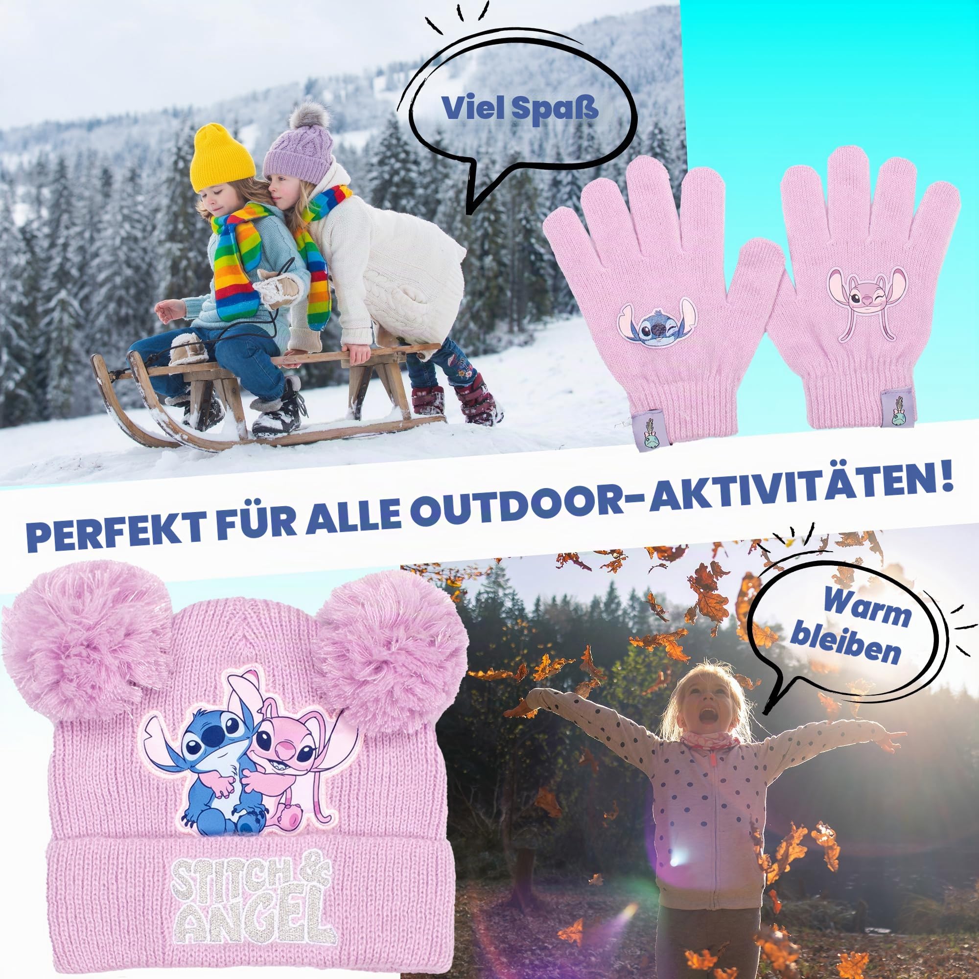 Disney Lilo & Stitch Wintermütze & Handschuhe Set für Mädchen - Warme & Kuschelige Beanie Mütze & Handschuhe - Perfekt für Kinder im Alter von 6-12 Jahren