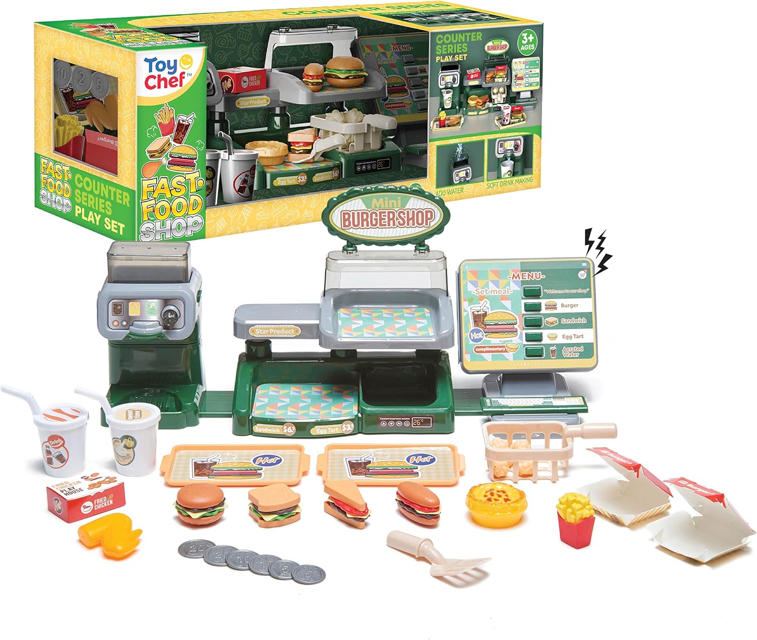 Pretend Play Burger Shop with Menu Toy Set, Kids Kitchen Playset Play Food Retro Diner Stand for Kids - Toddler Kitchen Playset Accessories Toy with Juice Drink Machines, Hamburger Fastfood- 25 PCS