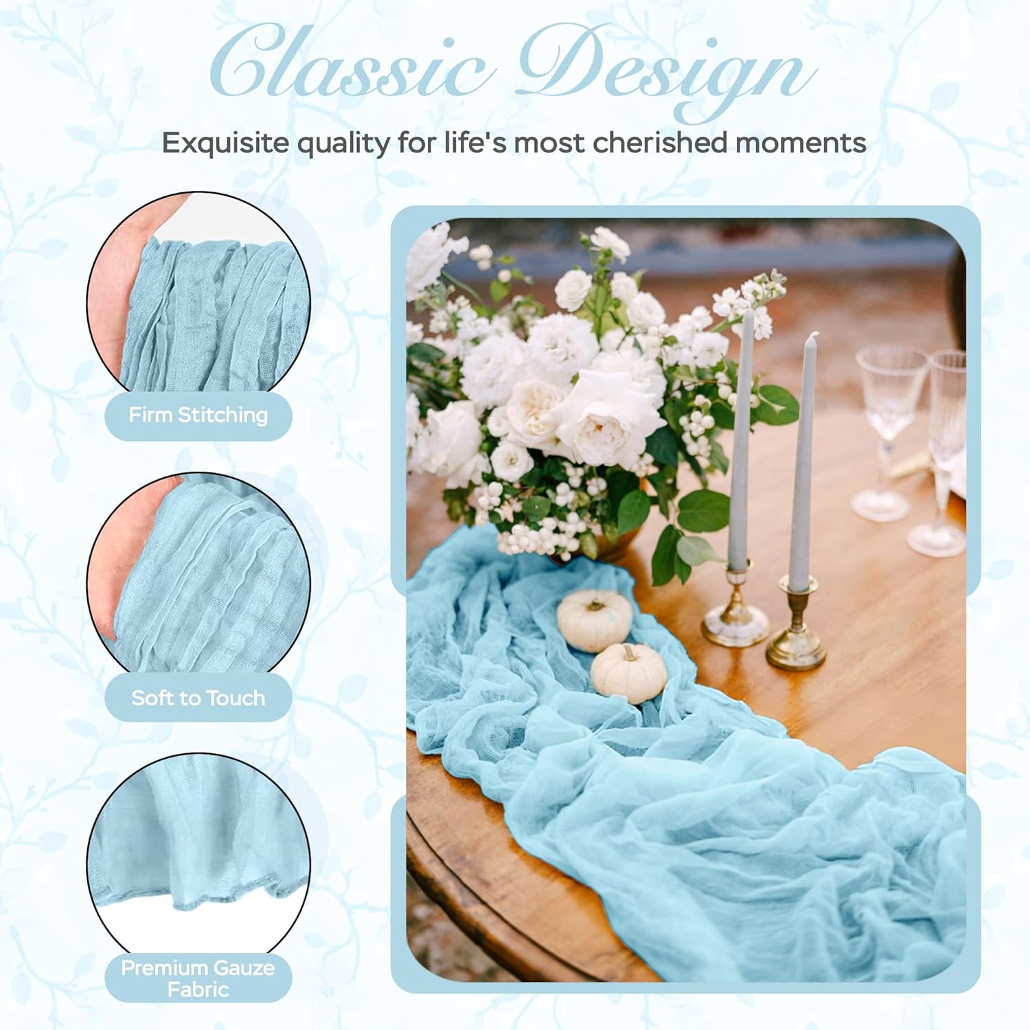 Cheesecloth Table Runner 8 Pack – 35x120 Inch (10ft) Boho Rustic Gauze Cloth Runners – Crinkle Polyester Table Decor for Wedding, Baby Shower, Bridal Shower, Birthday Party and More (Sky Blue)