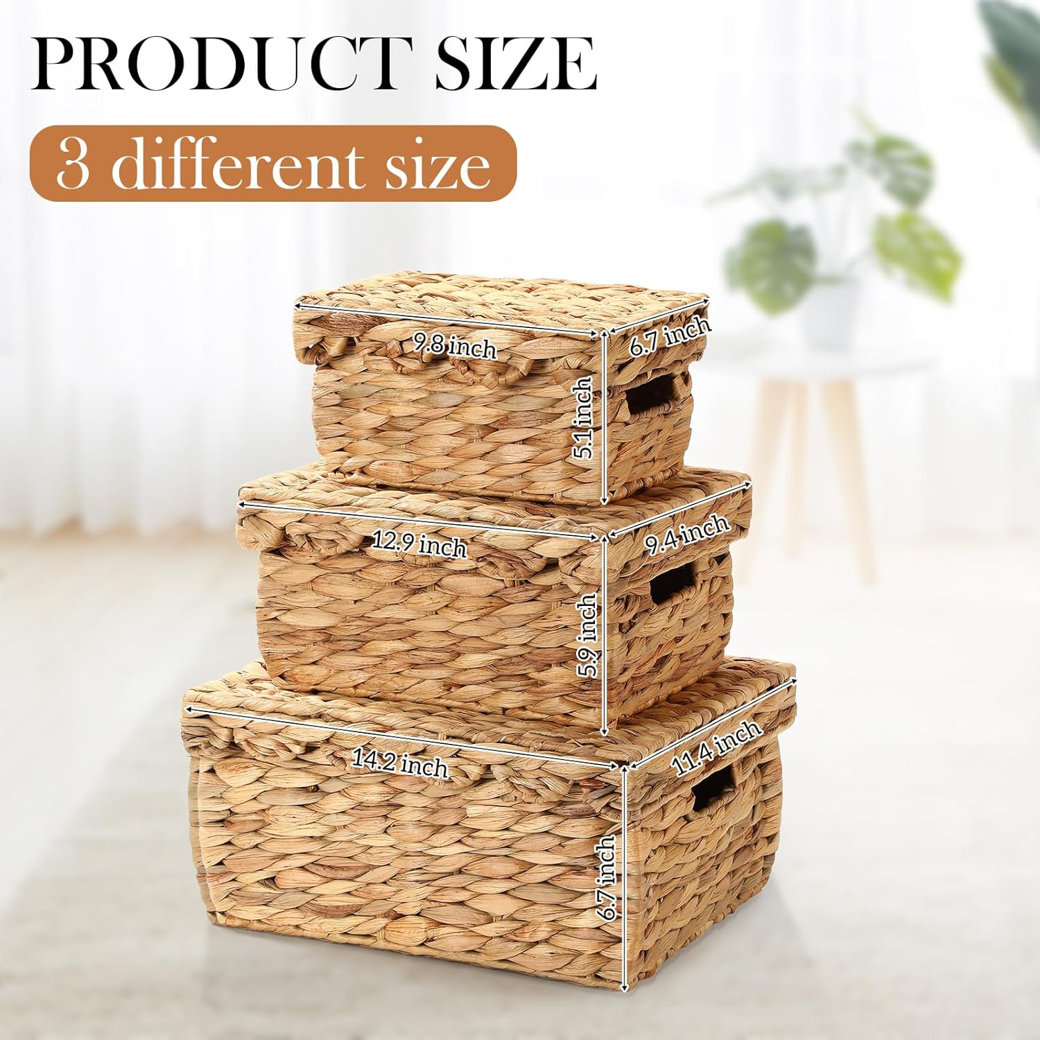 Set of 3 Wicker Storage Baskets with Lids Handwoven Natural Water Hyacinth Decorative Box Multifunctional Rattan Storage Organizer Box Scalloped Basket Set for Nursery, Clothes, Toys, Books
