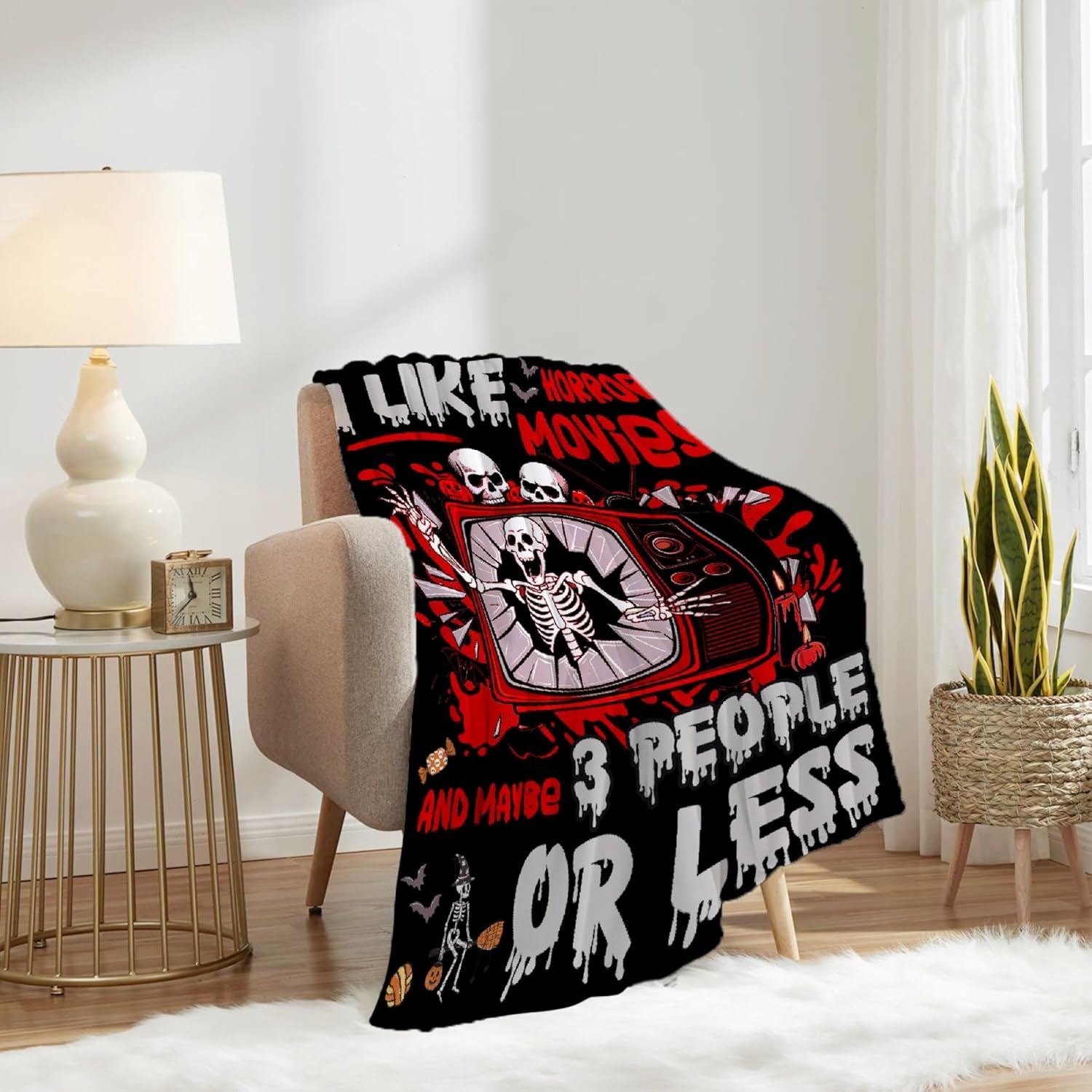 Horror Throw Blanket, I Like Horror Movies Gifts for Kids Adults, Soft Flannel Skull Blankets Quilts for Bed Sofa,Halloween Decoration for Bedroom,40"x50"