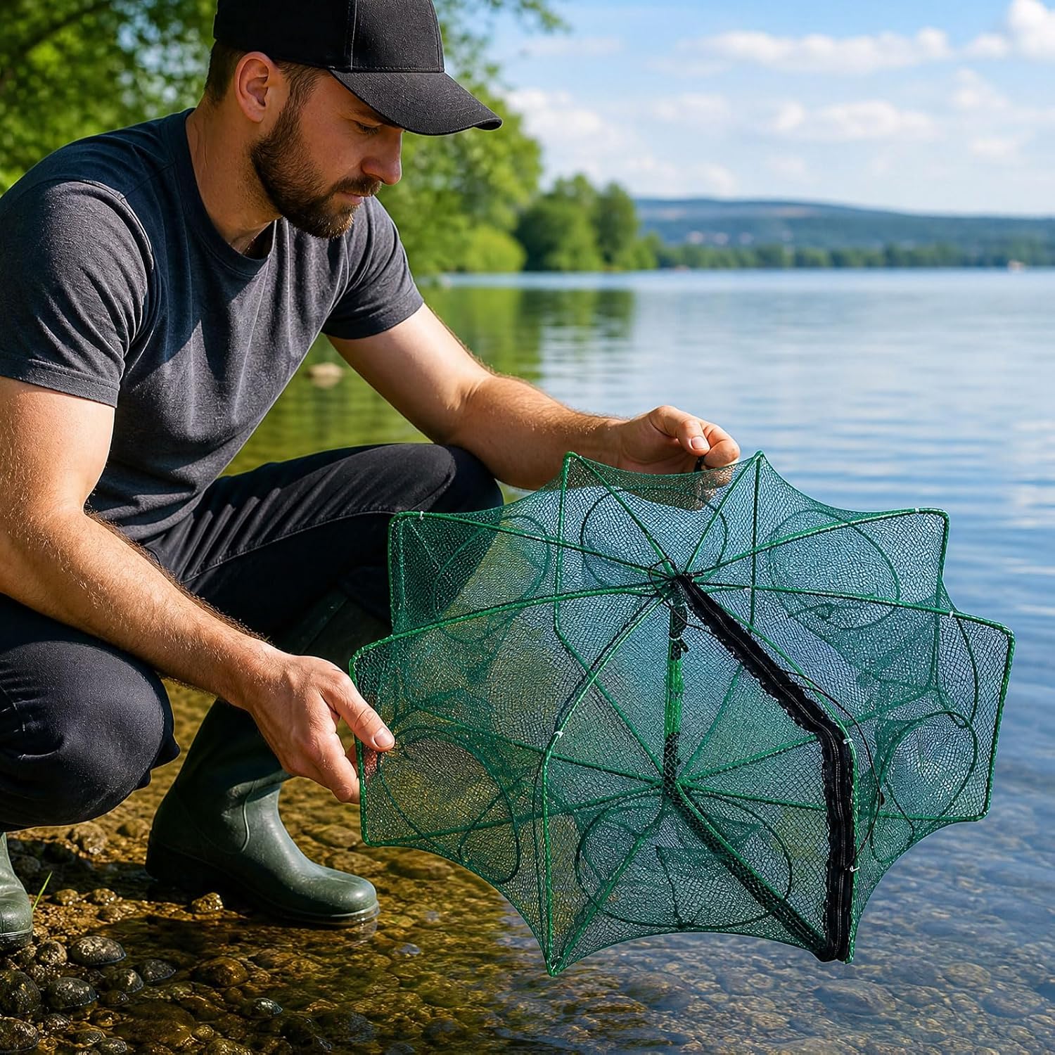 4 Pcs Fish Casting Net Collapsible Minnow Crab Cage with Bait Box Rope Marker Beads, Folding Nylon Fishing Crabbing Equipment and Supplies for Lobster Crawfish Crayfish Shrimp
