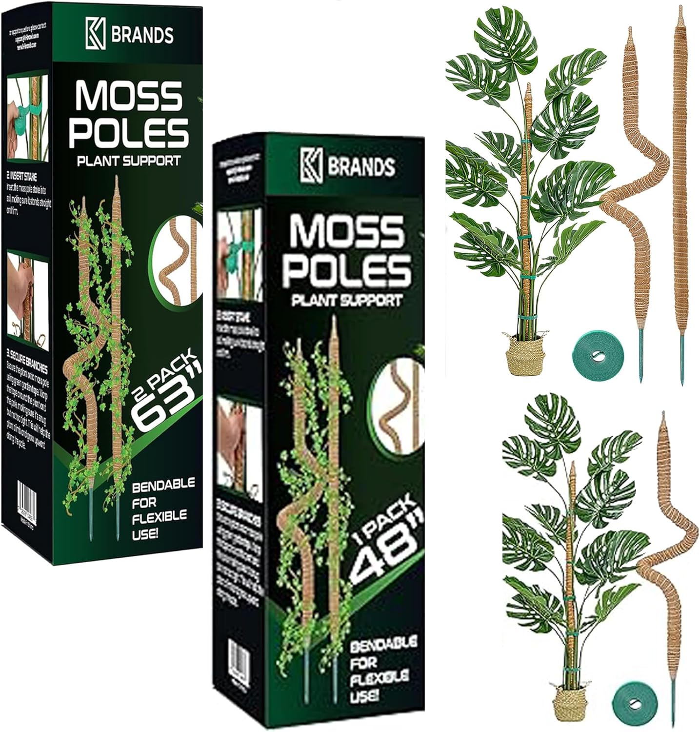 K-Brands 3 Pack Bendable Moss Pole 2 Pack 63''+1 Pack 48'' Monstera Plant Support for Climbing Indoor Plants - Stakes for Potted Climbers - Tall Sticks Indoor Trellis for Houseplants - Accessories fo