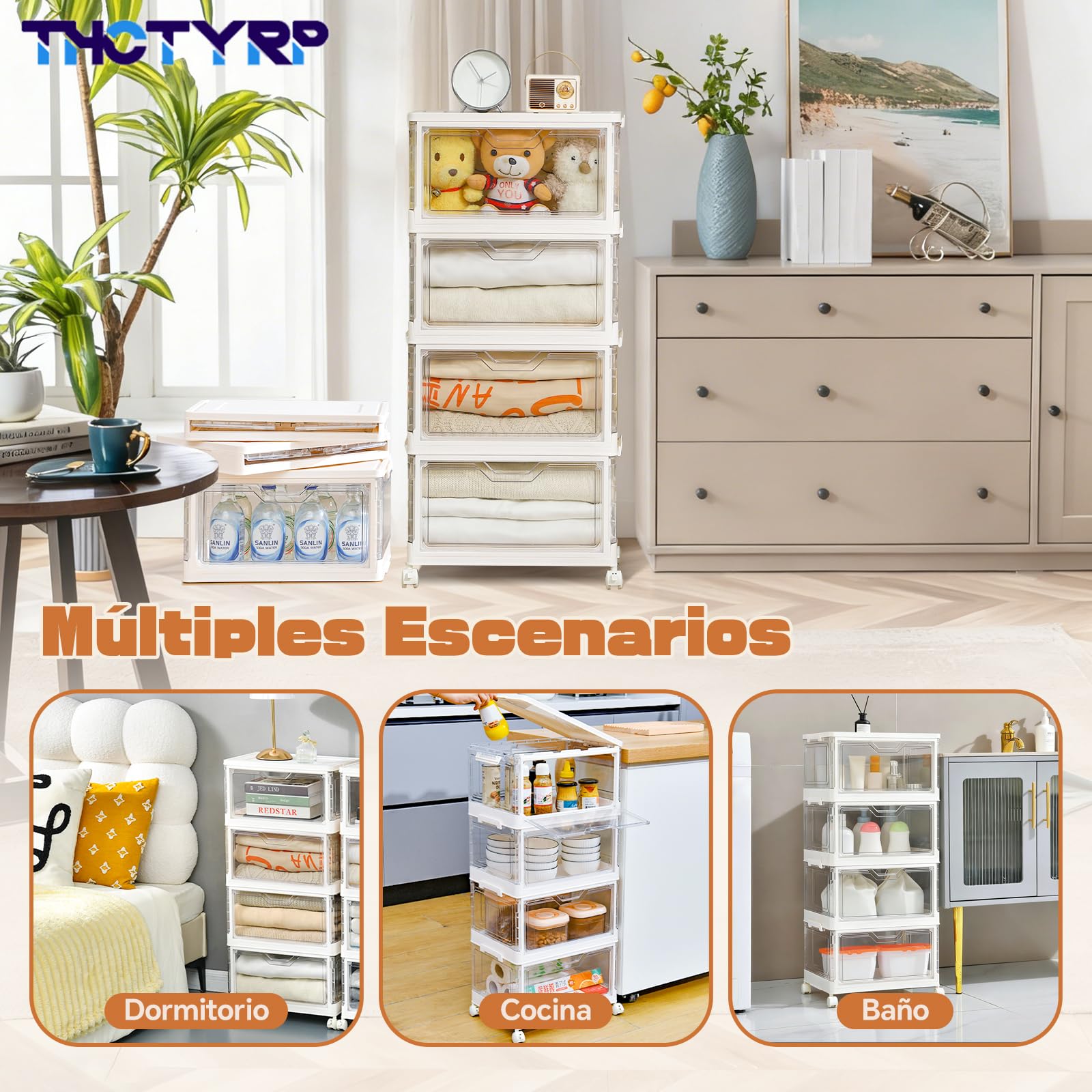Caja de Almacenamiento 23L, 4 Unidades, Transparentes con Tapa | Apilables, Plegable, Con Puerta, Con Ruedas