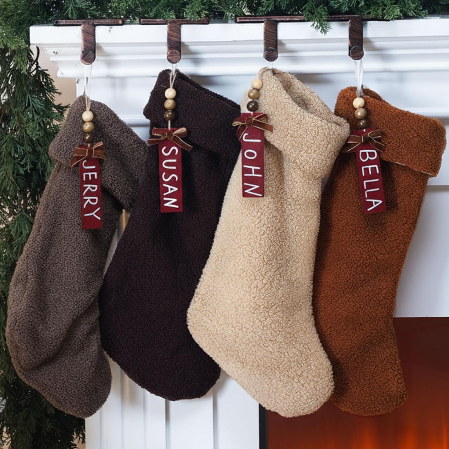 4 Pcs Neutral Personalized Christmas Stockings with Name Tags 18 Inches Farmhouse Brown Teddy Fleece Fur Christmas Stockings Rustic Fireplace Hanging Ornaments for Holiday Party Family Decor
