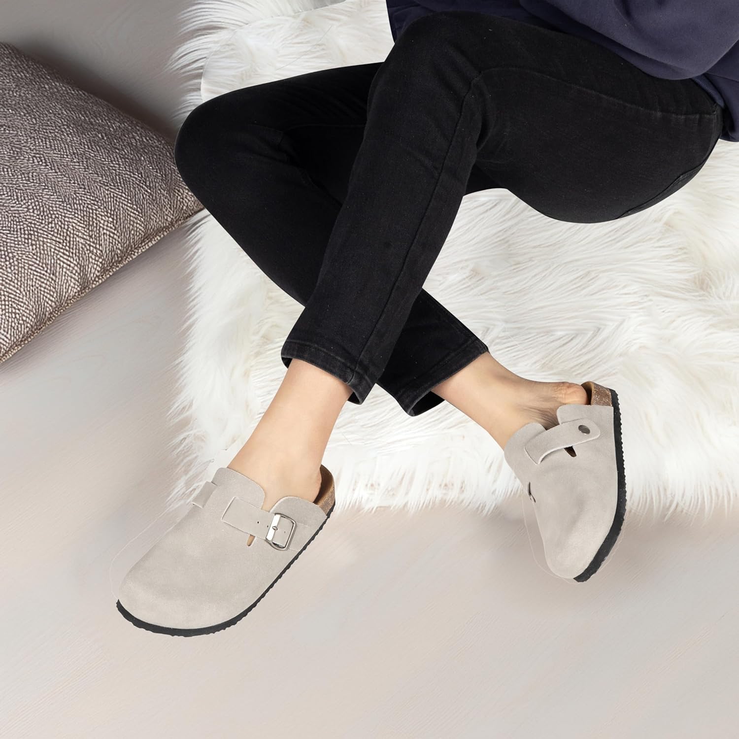 Women's Suede Clogs Slip-On Buckle Slides Leather Mules Cork Footbed Sandals Potato Shoes with Arch Support - Image 2