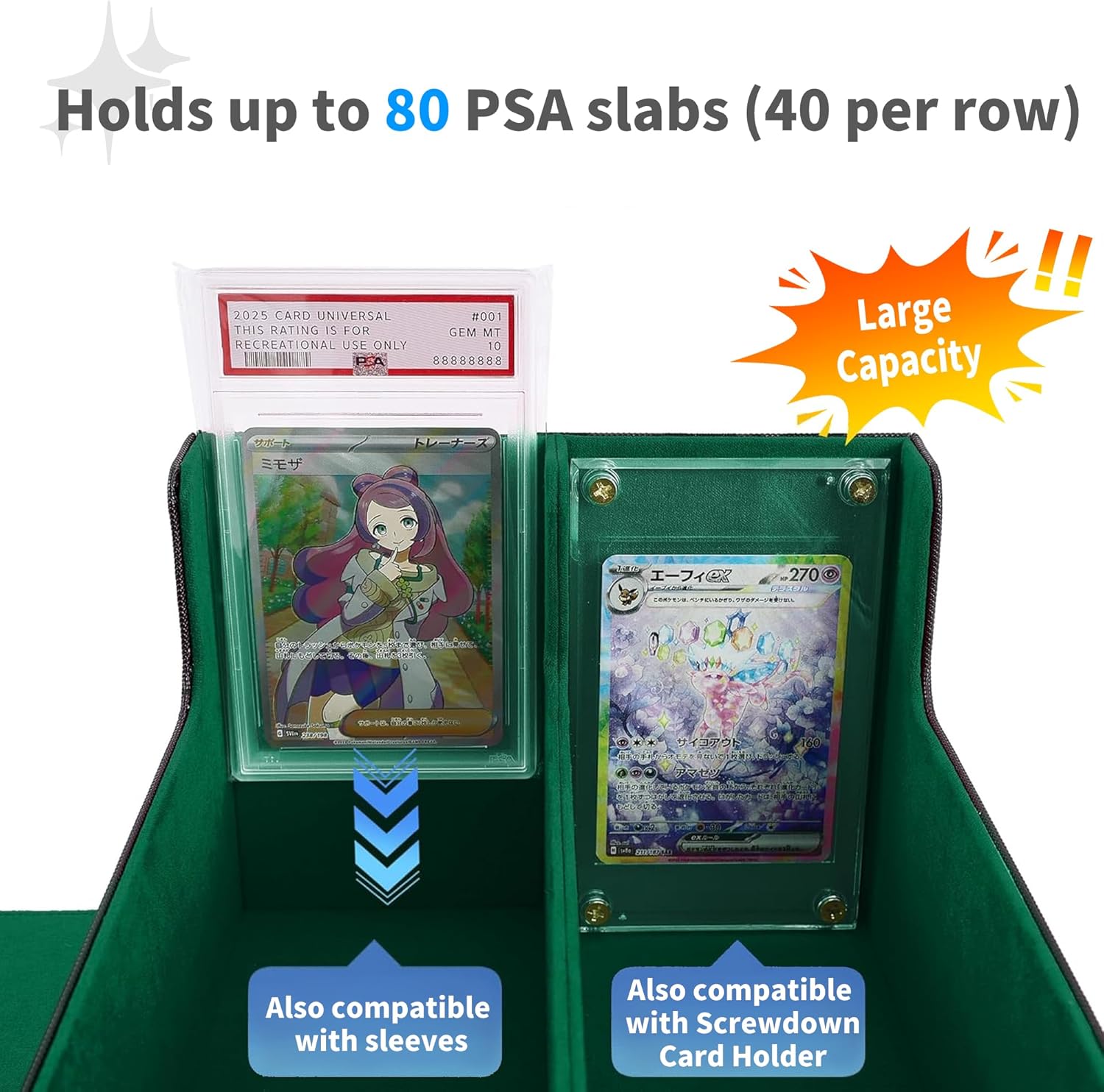 Venssu Graded Card Storage Box - Holds 80 PSA/BGS Slabs, 2-Row Slab Case Compatible with Toploaders, Waterproof PU Leather Trading Card Holder for MTG, PTCG, TCG, Sports Cards (Black and Green)