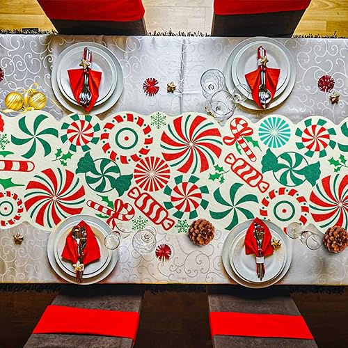 Miniatura 5 de FOIMAS Camino de mesa de dulces de Navidad, 71 x 13 pulgadas, diseño de piruleta de menta y caramelo, tapete de mesa para Navidad, decoración de