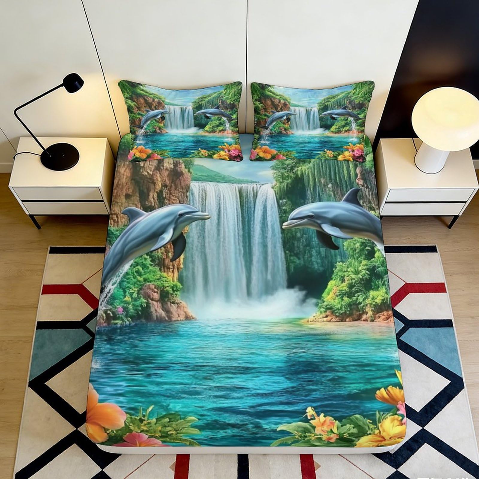 3D Printed Waterfall Dolphin Fitted Sheet Microfiber Soft Breathable Tropical Landscape Bed Cover for Bedroom Dormitory Guest Room Mattress Protection 180x200x25cm