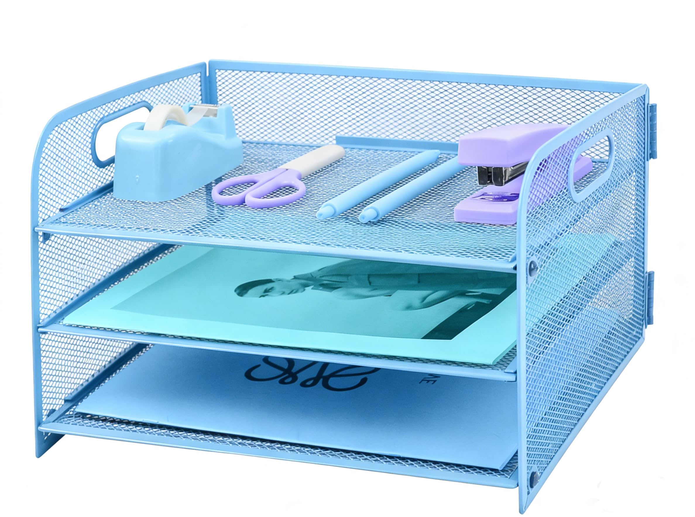 HIHOBDAY 3 Tier Paper Organiser Mesh Letter Tray Metal Magazine File Desk Storage For Office School Home,Blue