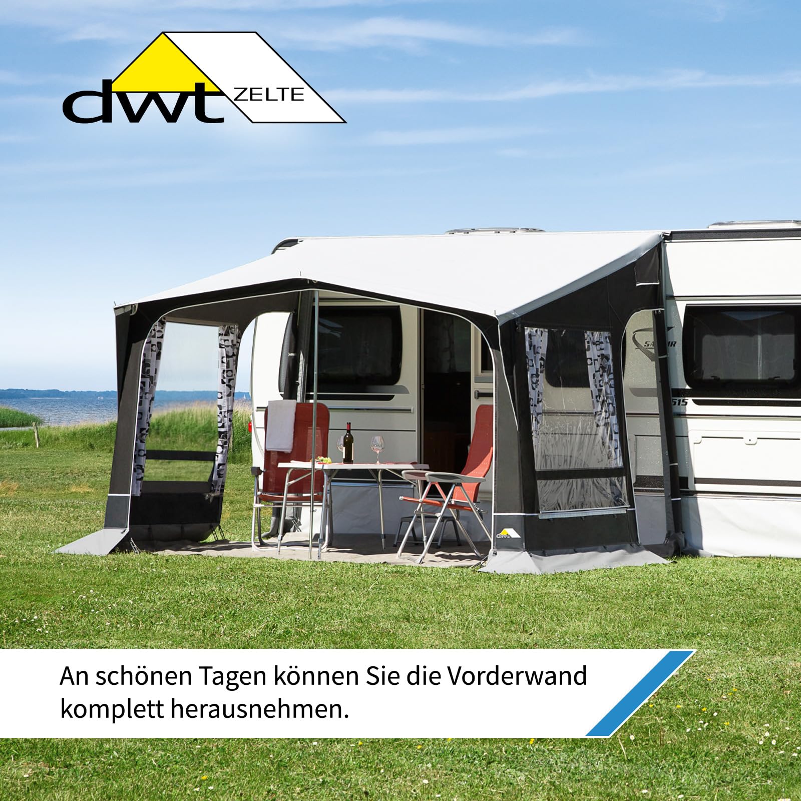 dwt Wohnwagen Vorzelt Jazz 240 cm tief in 4 Größen, Reise- und Saisonzelt mit flexiblen Abspannleitern & geöstem Erdstreifen