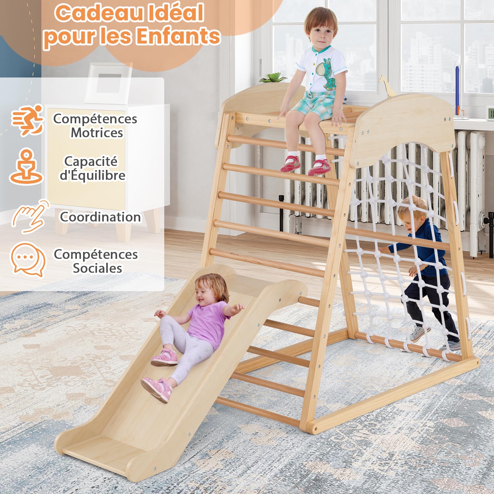 GOPLUS 4 en 1 Triangle d’Escalade Montessori, Triangle Escalade avec Toboggan et Filet d’Escalade Aire de Jeux Montesorri, Charge 50KG pour Enfants 1 an+ (Naturel)