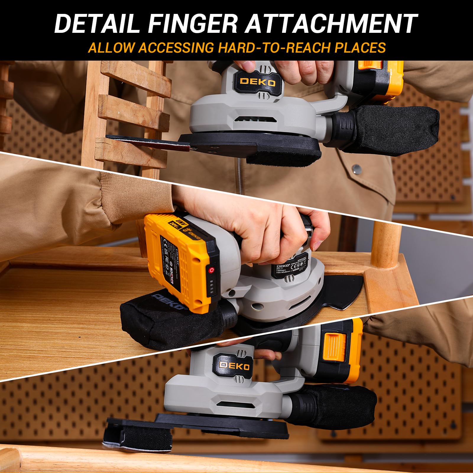 Levigatrice Mouse per Legno: DEKOPRO 20V Multifunzione Levigatrice Palmare con Batteria 13000 RPM, 3 Accessori Aggiuntivi 12PCS Carte Vetrata - per Levigare Lucidare e Rimuovere in Falegnameria e DIY