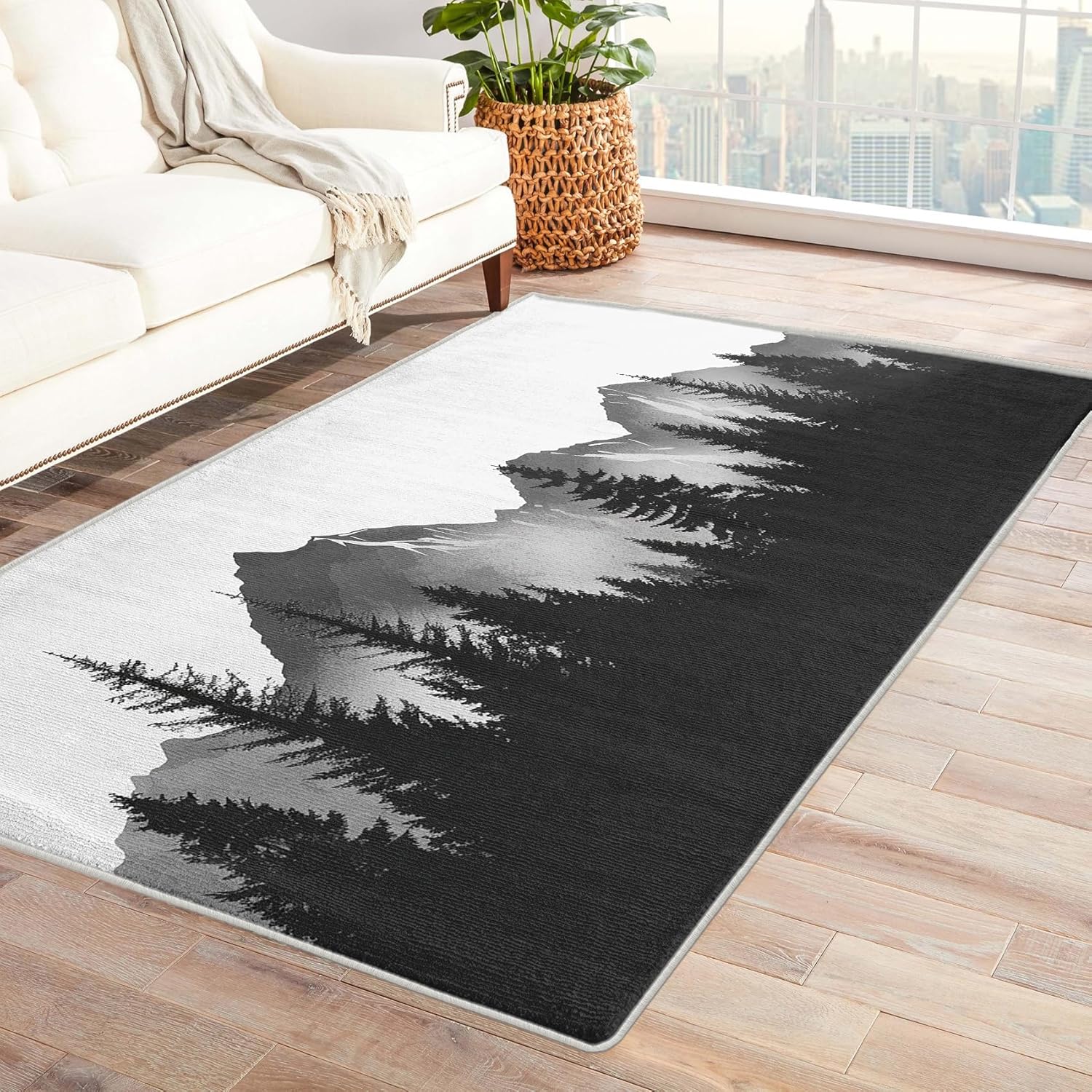 Misty Forest Rug, 3x5 Rug, Mountain View Rugs for Entryway, Dark Green Small Area Rug, Washable Rug Non Slip Soft Indoor Carpet, Woodland Theme Home & Decor