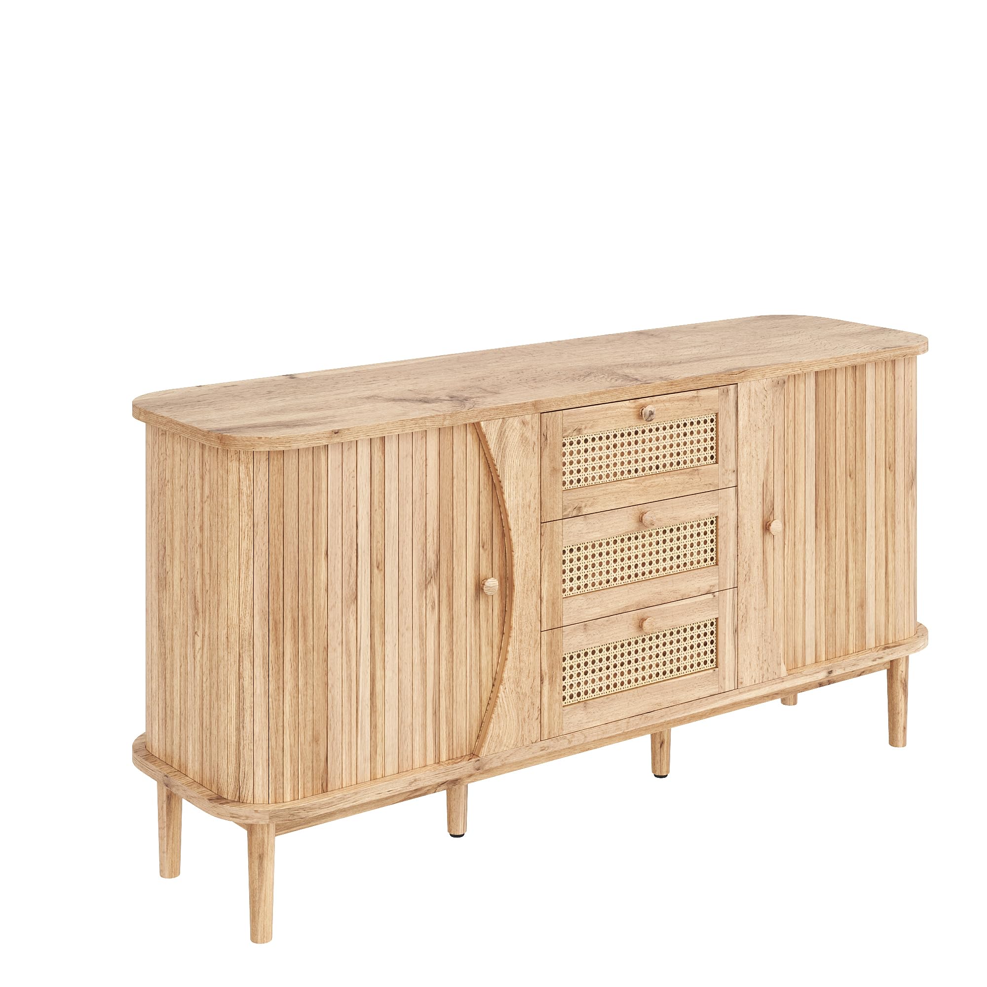Credenza con 3 cassetti in rattan e ante scorrevoli, ripiani regolabili in altezza e angoli arrotondati, cassettiera per soggiorno, camera da letto e corridoio, grande spazio di archiviazione
