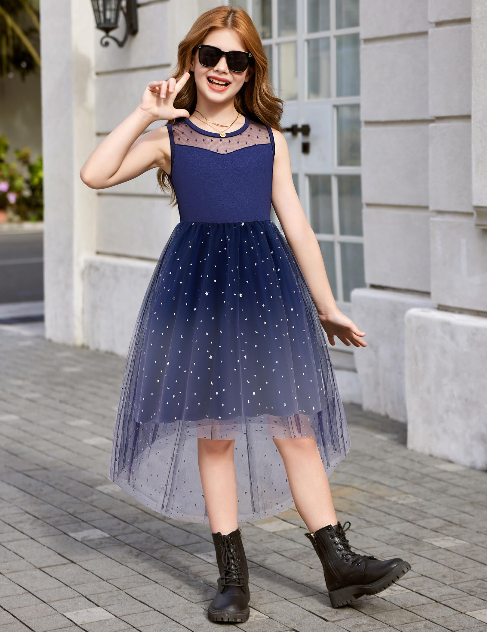 Arshiner Vestito da bambina, senza maniche, estivo, per feste, matrimoni, comunioni, damigelle, damigelle, ragazze, abito in tulle, con orlo asimmetrico e cintura, 6-15 anni