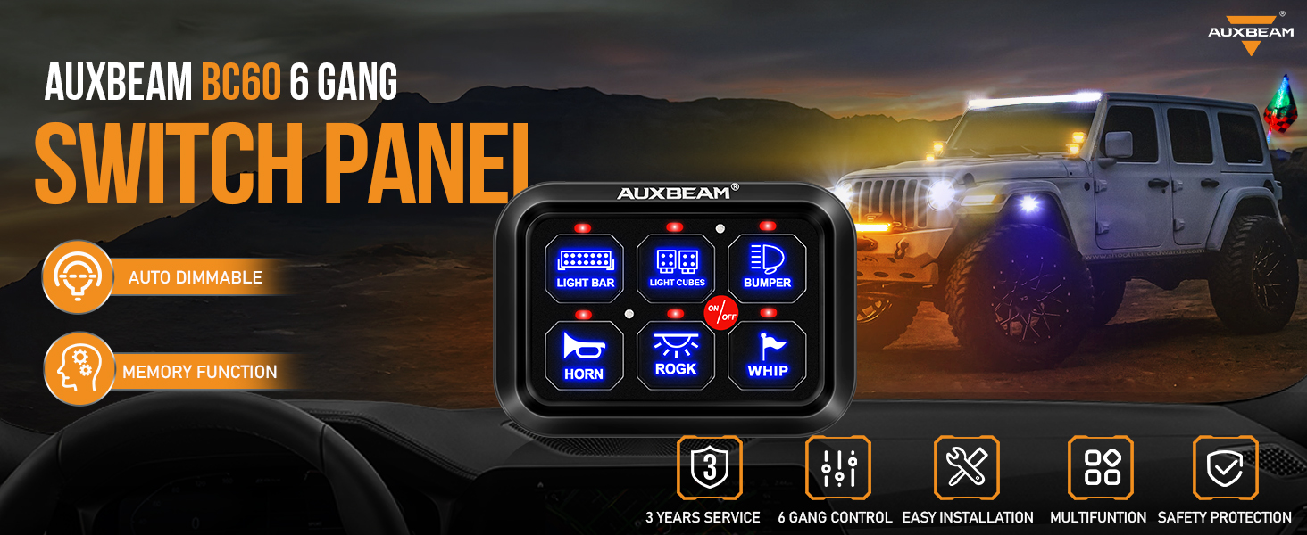 Image of Auxbeam 6 Gang Switch Panel BC60 Universal Circuit Control Relay System Automatic Dimmable LED Switch Pod Touch Control Panel Switch Box for Car Truck Pickup Boat UTV SUV - Blue, 3 Years Warranty | Dimmable LED On-Off Control Panel, LED Switch Pod Multifunction Switches for Truck Car Offroad SUV UTV ATV, 3 Years Warranty