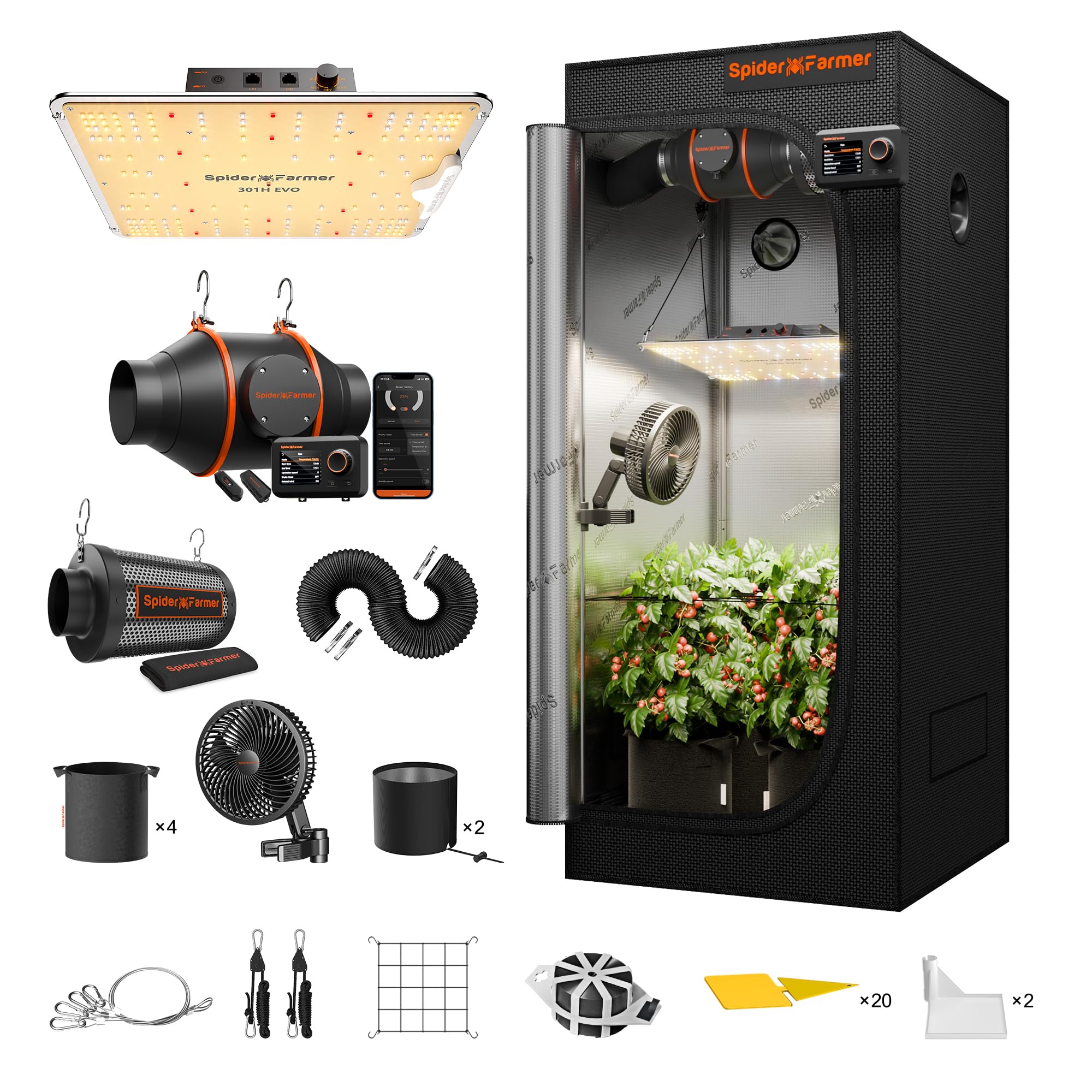 Complete Set SF1000 Samsung LM301H EVO Diodes Dimmable 70 x 70 x 160 cm Complete System Grow Tent Set with 10.2 cm Fan and Regulator