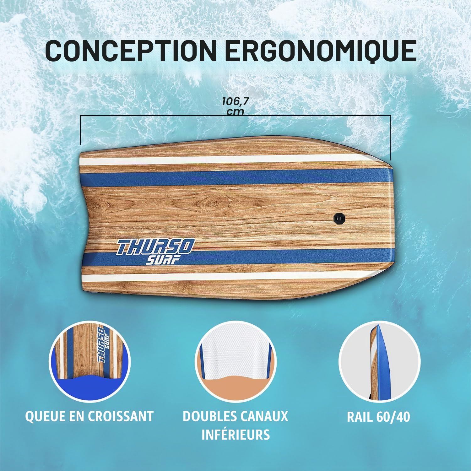 THURSO SURF Quill 42'' Bodyboard Lightweight Durable EPS Core IXPE Deck HDPE Slick Bottom FRP Stringer Crescent Tail Dual Channel Plastic Mesh with Double Swivel Coiled Wrist Leash