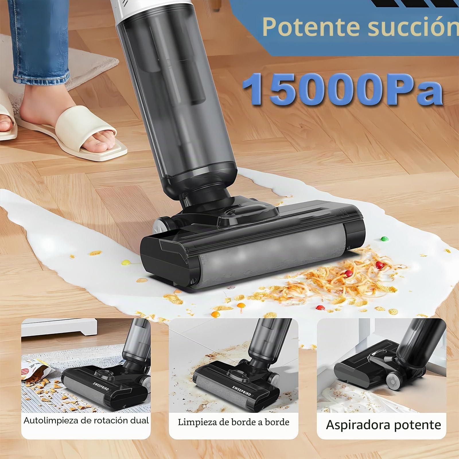 Fregona Lavapavimentos Profesional Y Aspiradora Inalámbrica En Seco Y Húmedo, Limpieza Multisuperficie, Control Inteligente Y Autolimpiante Ideal Para Madera, Baldosas Alfombras Dry+Tilt180°