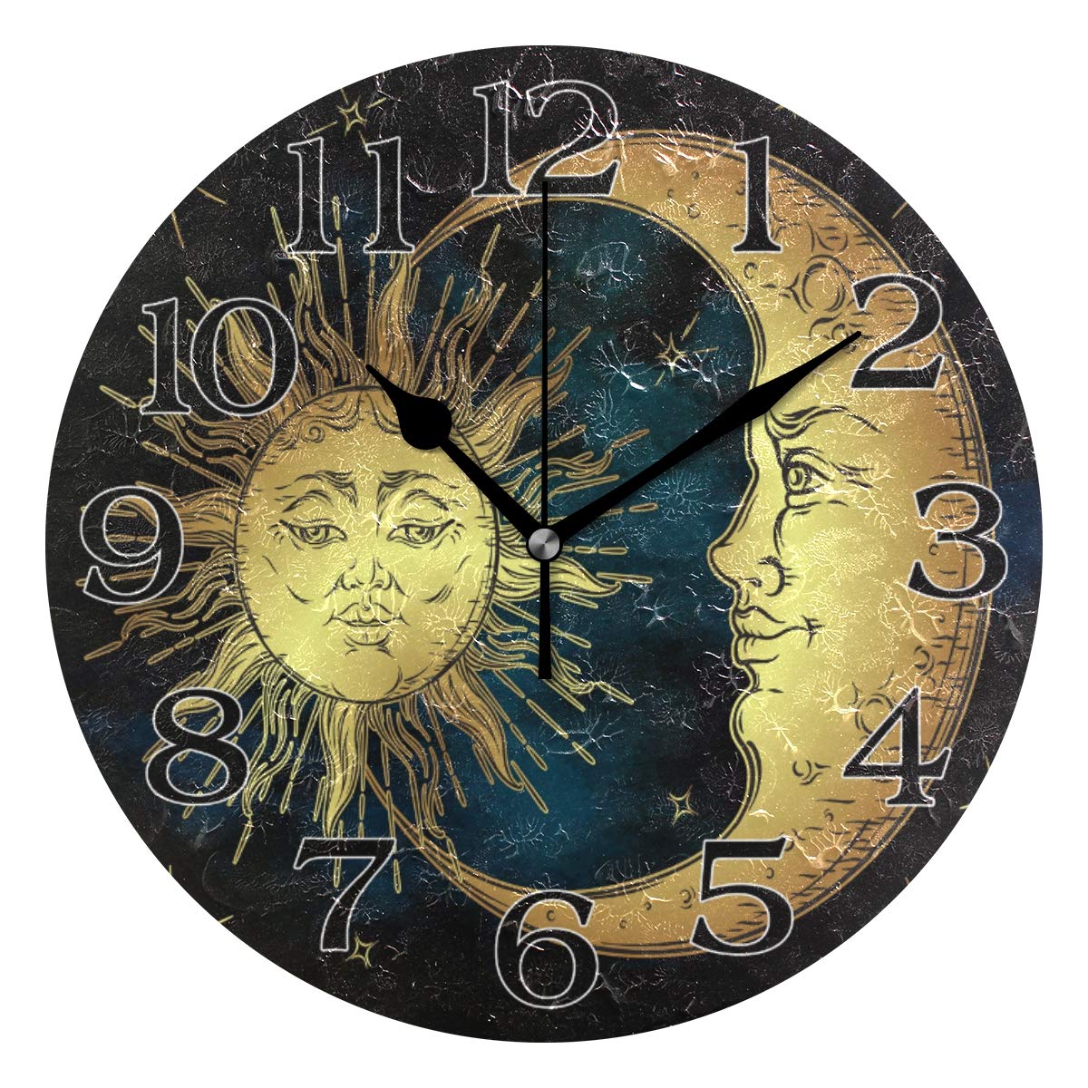 Linomo Multicolor Sun Stars Moon Face Wall Clock Decor, Silent Non Ticking Round Clock Quiet For Kitchen Living Room Bedroom Bathroom Office